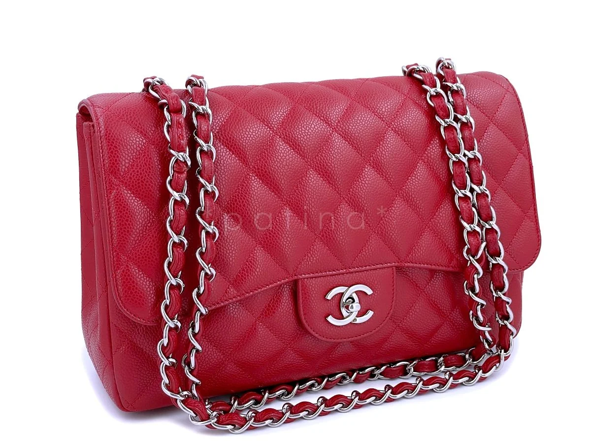 10C Chanel Red Caviar Jumbo Classic Flap Bag SHW - Image 2