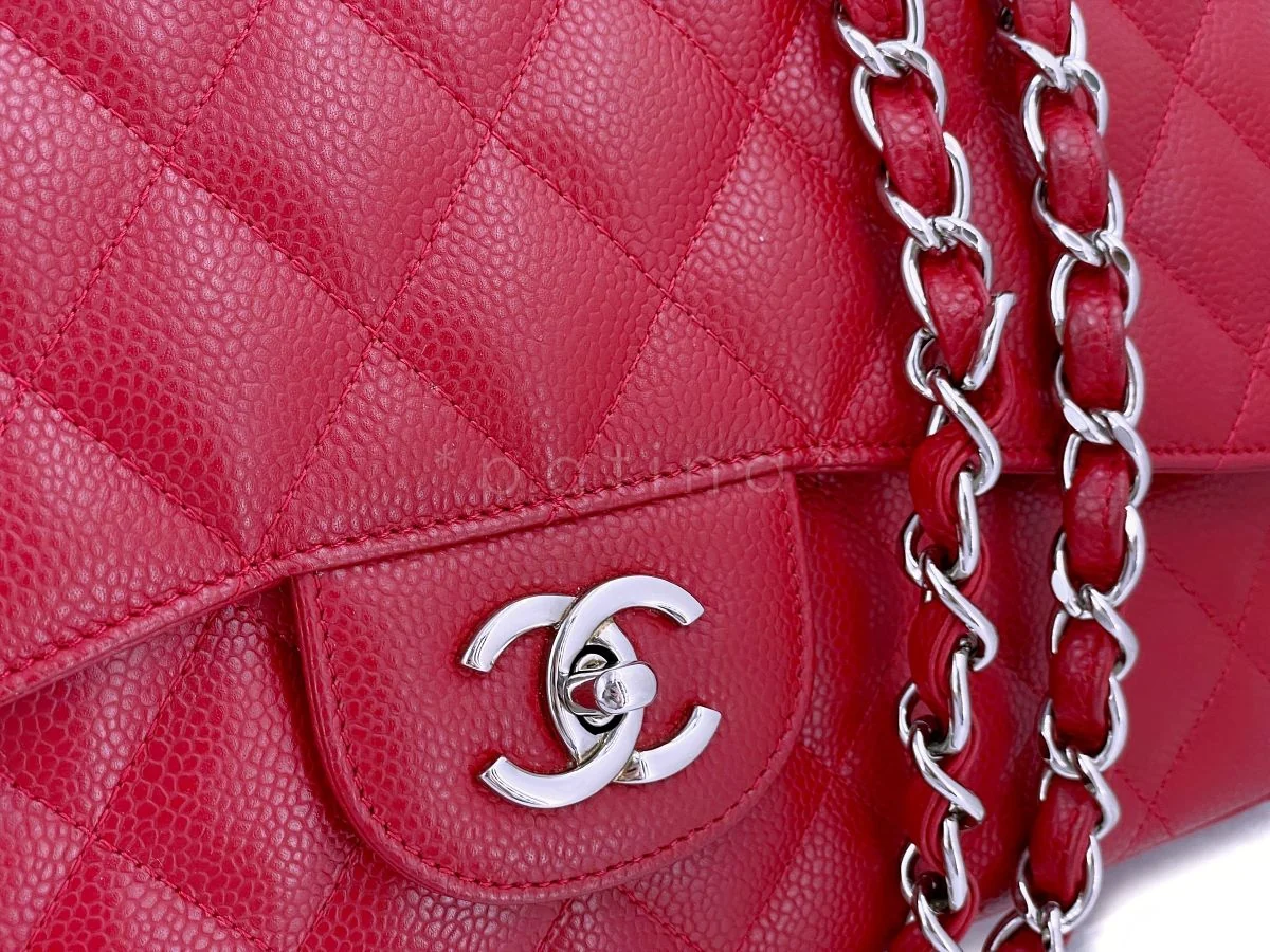 10C Chanel Red Caviar Jumbo Classic Flap Bag SHW - Image 8