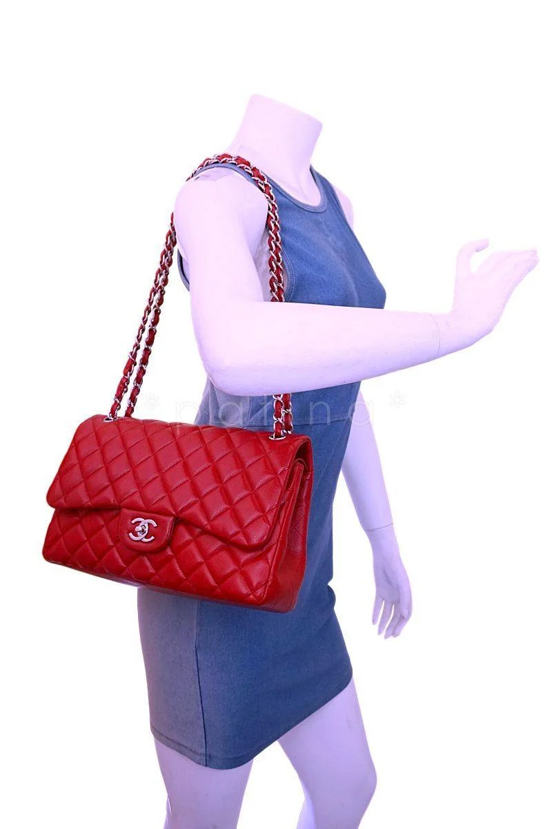 11P Chanel Red Caviar Jumbo Classic Double Flap Bag SHW - Image 14