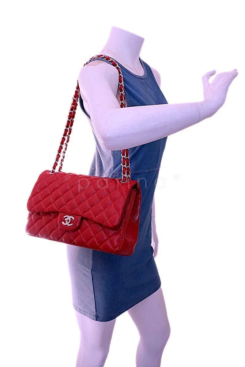 12A Chanel Red Caviar Jumbo Classic Double Flap Bag SHW - Image 14