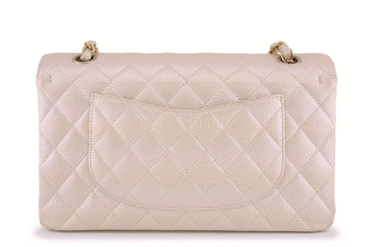 12P Chanel Pearl Beige-White Caviar Medium Classic Double Flap Bag GHW - Image 5