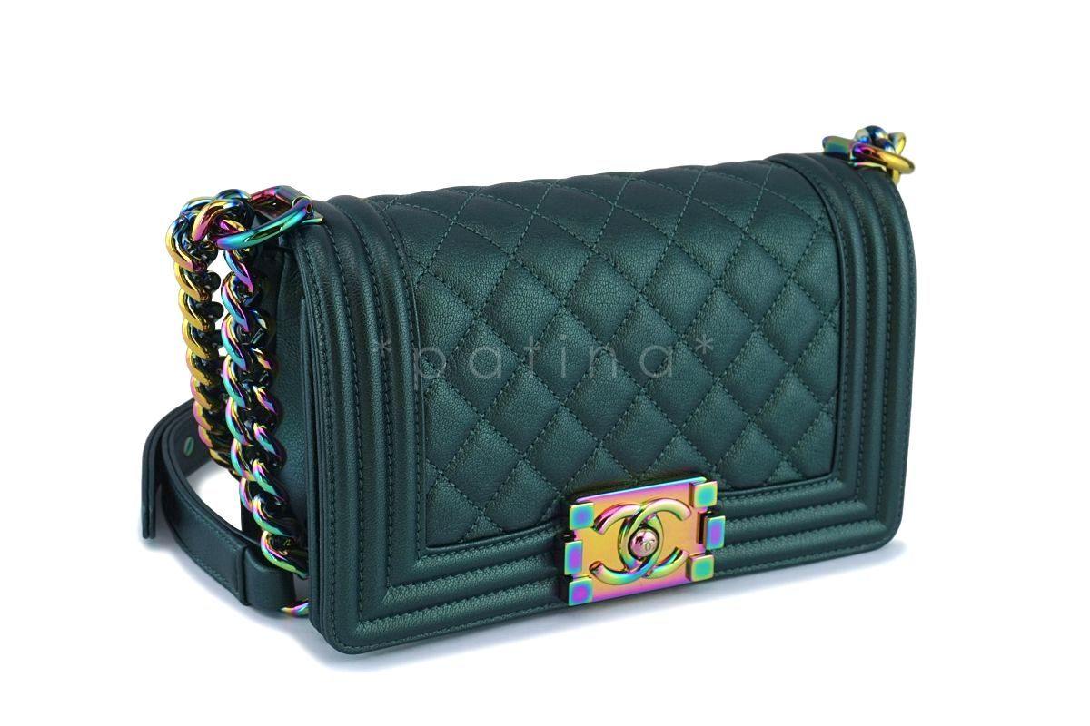 16C Chanel Iridescent Emerald Green Small Boy Classic Flap Bag Rainbow HW - Image 3