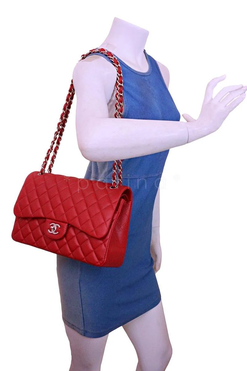 17B Chanel Red Caviar Jumbo Double Flap Bag SHW 63050 - Image 14