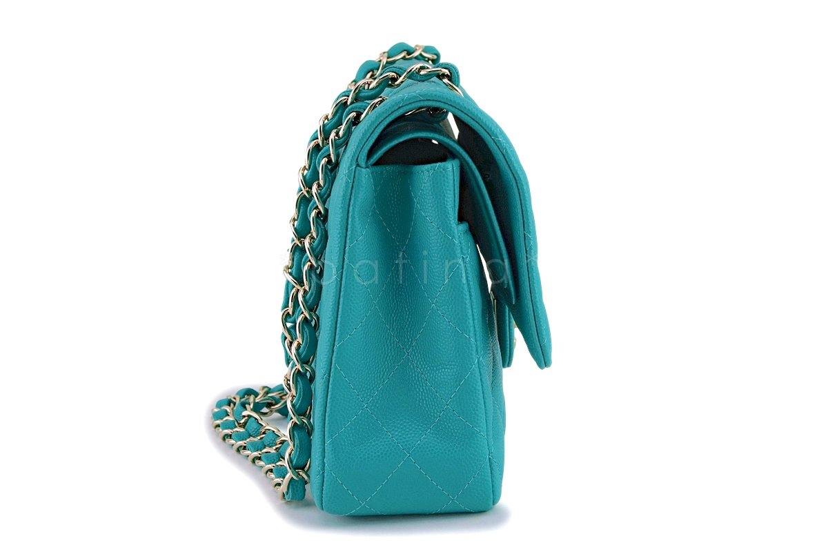 17C Chanel Turquoise Blue Caviar Medium Classic Double Flap Bag GHW - Image 4