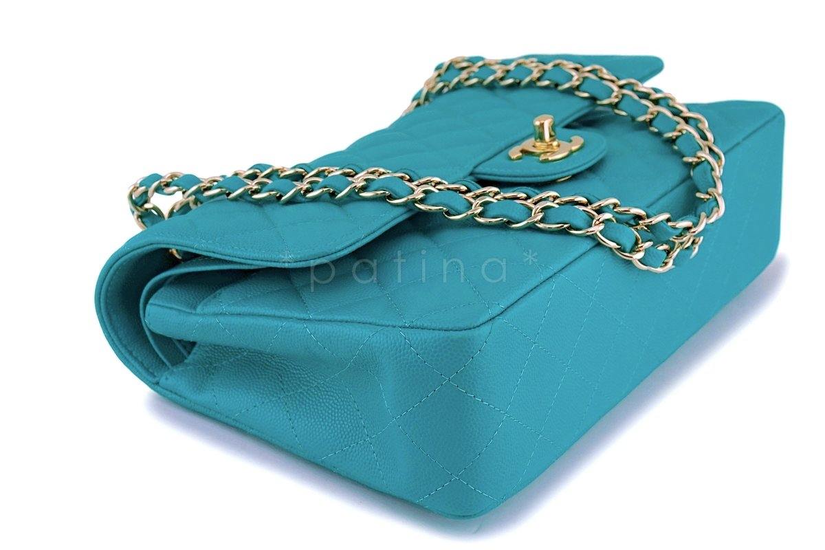 17C Chanel Turquoise Blue Caviar Medium Classic Double Flap Bag GHW - Image 7
