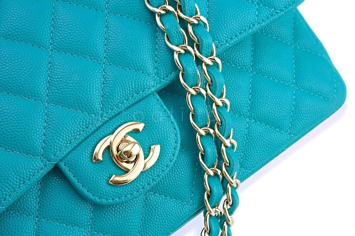 17C Chanel Turquoise Blue Caviar Medium Classic Double Flap Bag GHW - Image 8