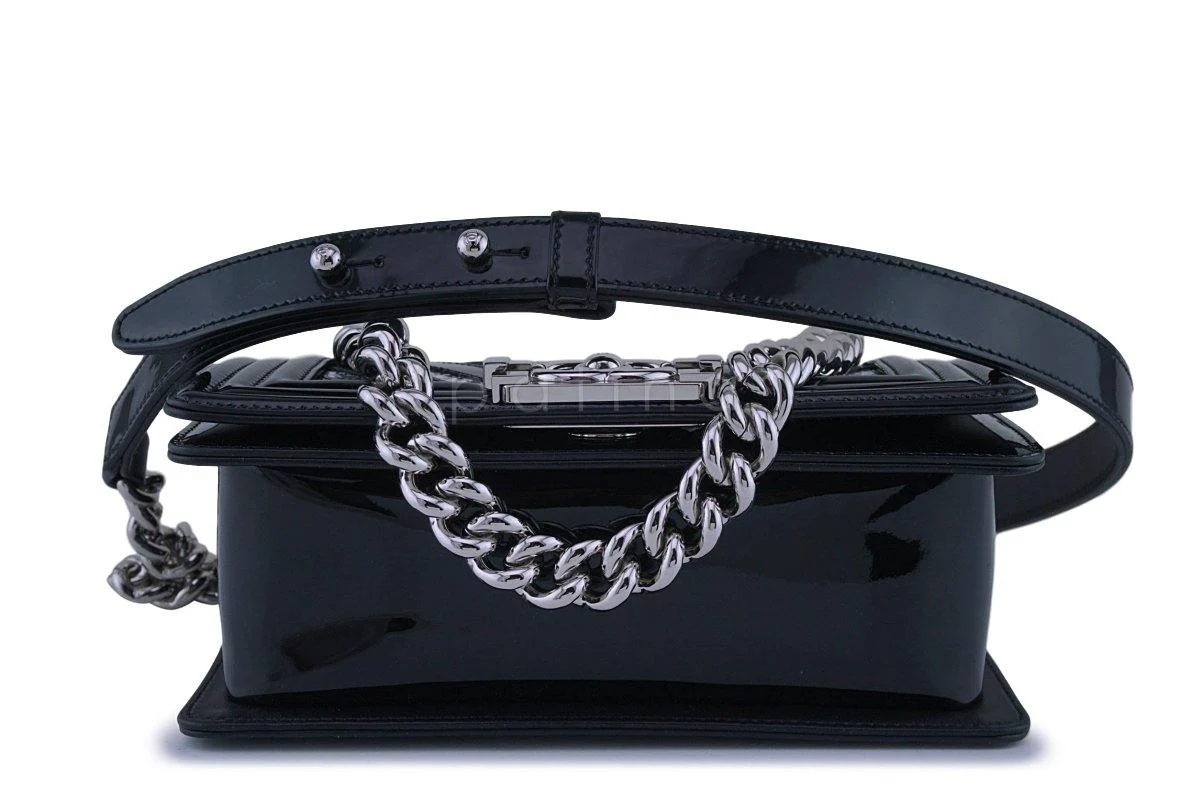 17K Chanel Black Glitter Chevron Patent Boy Flap Small Bag - Image 6