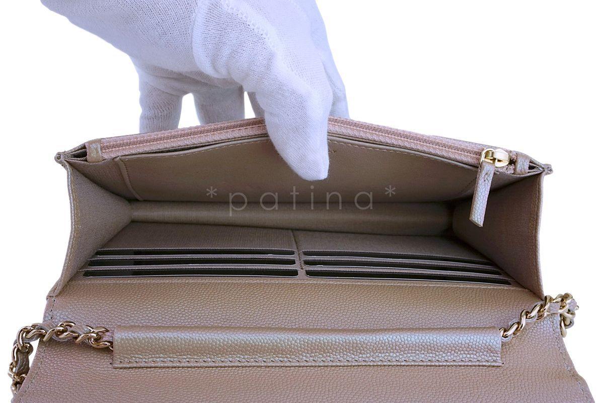 19S Chanel Iridescent Taupe Beige Rose Gold Pearly CC Wallet on Chain WOC Flap Bag - Image 10
