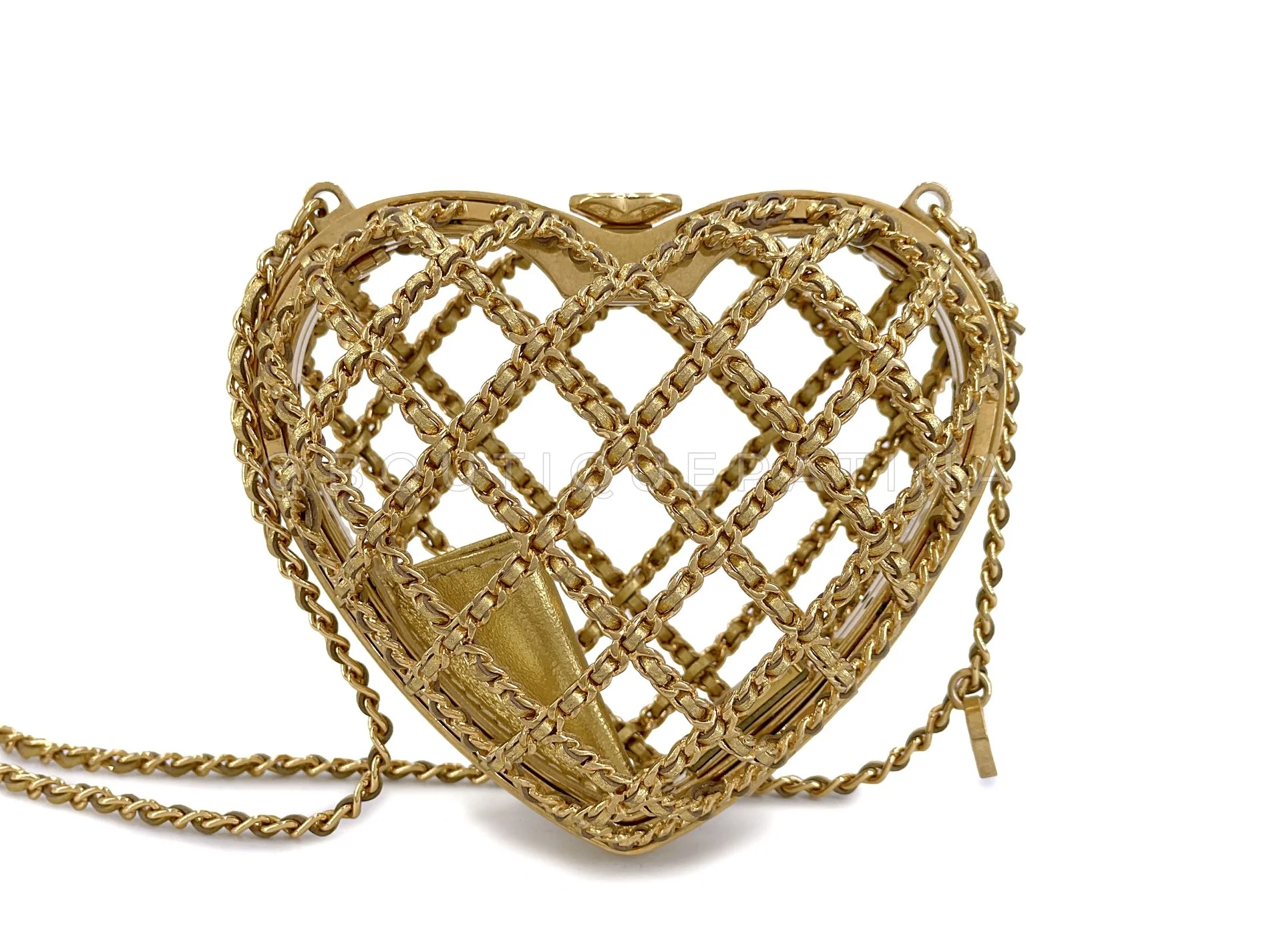 23S Chanel Caged Heart Minaudière Evening Clutch Bag Gold Small D32 - Image 4