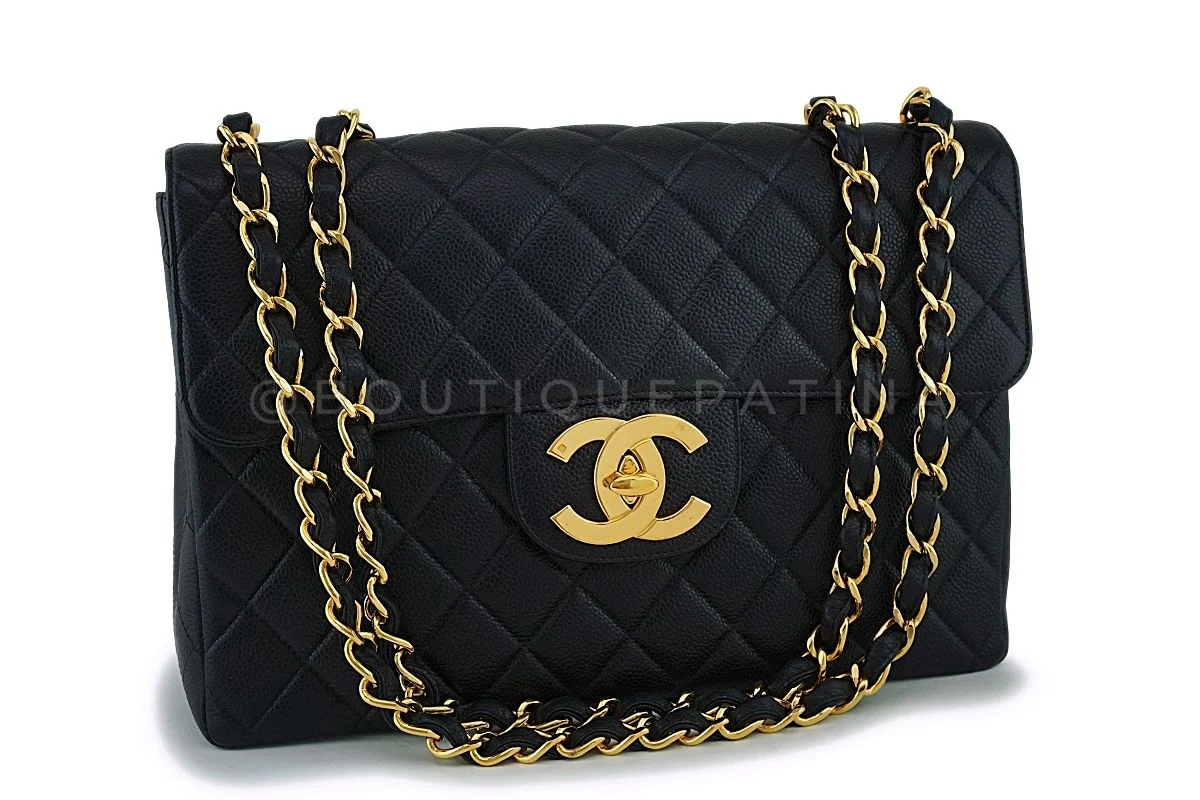 Pristine Chanel 1997 Vintage Black Caviar Jumbo Classic Flap Bag 24k GHW - Image 2