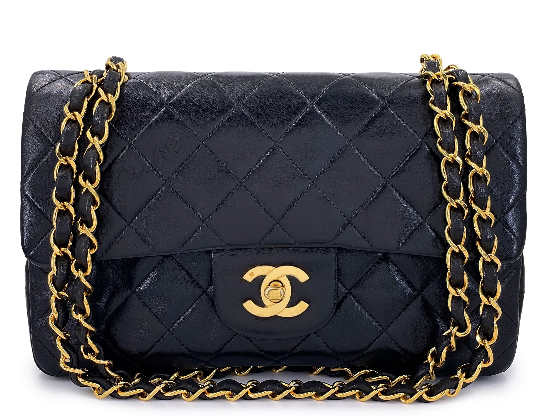 Chanel 90s Vintage Black Lambskin Small Classic Double Flap Bag 24k GHW AGE