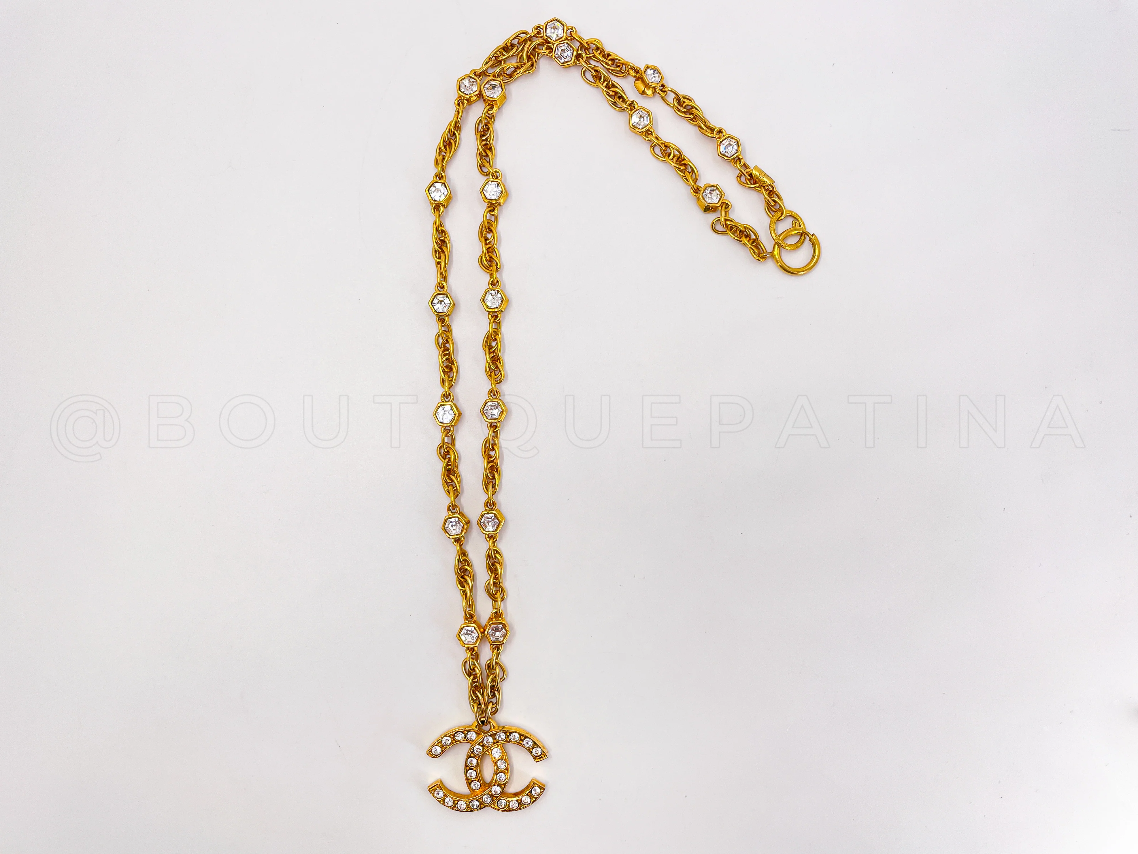 Chanel Vintage 1980s Large Crystal CC Logo Pendant Long Studded Necklace - Image 2