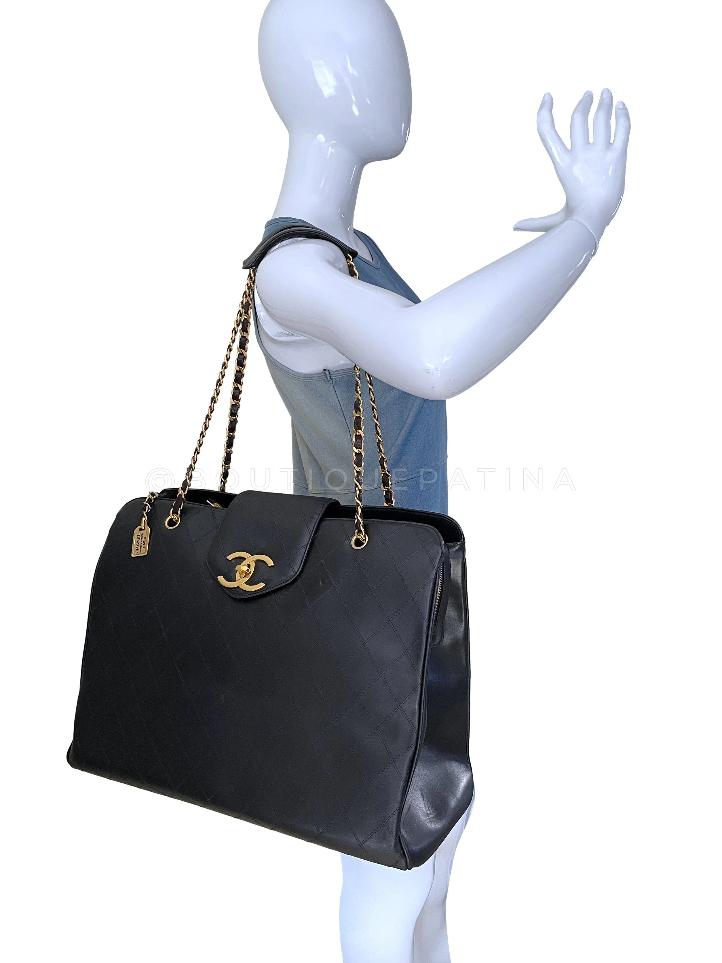 Chanel 1994 Vintage Black Supermodel Weekender XL Tote Bag 24k GHW WR2 - Image 14