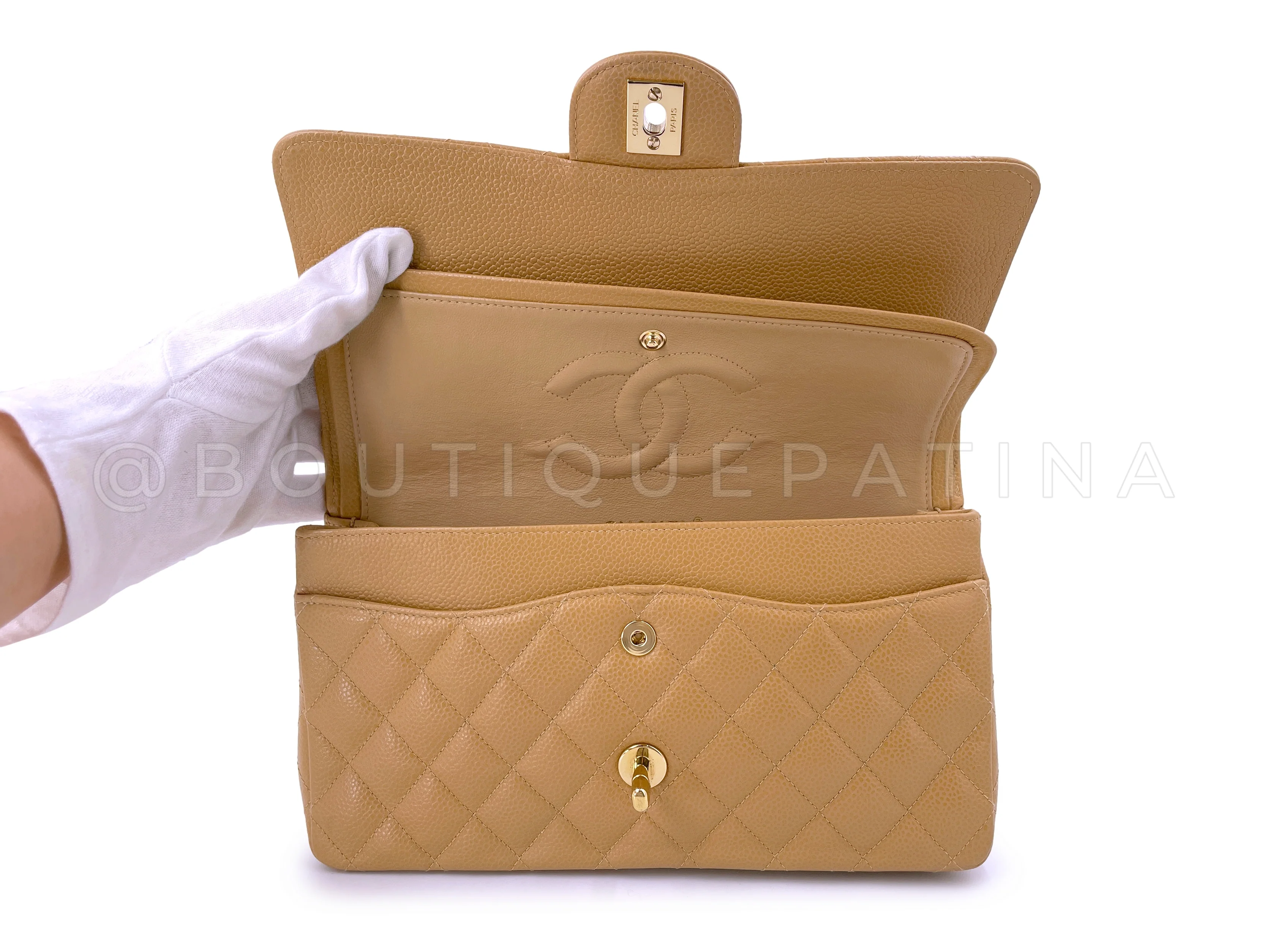 Chanel 2004 Vintage Caramel Beige Caviar Medium Classic Double Flap Bag 24k GHW 85Q - Image 9