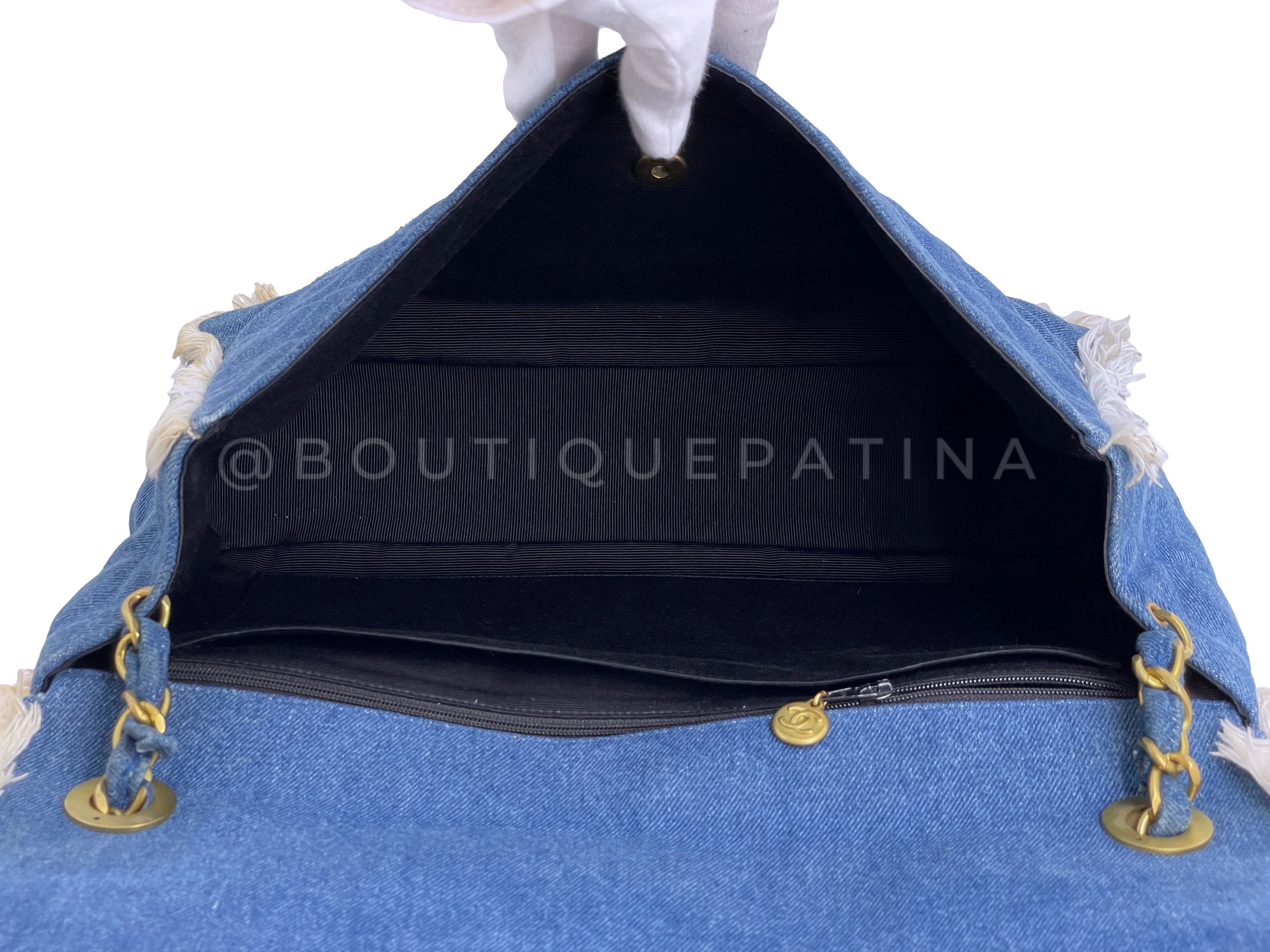 Rare Chanel 1994 Blue Denim Vintage Maxi Classic Crossbody Flap Bag 24k GHW - Image 10