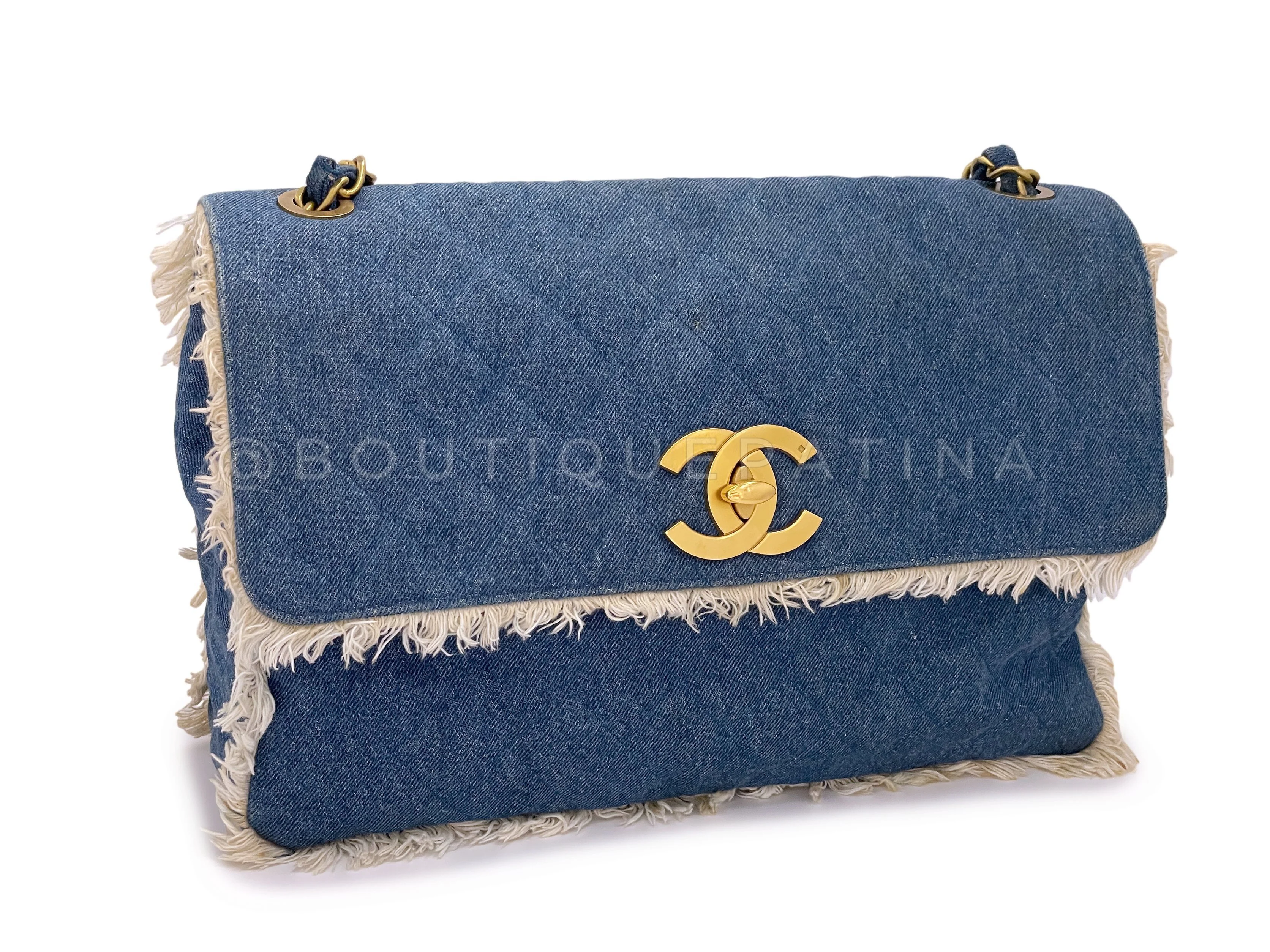Rare Chanel 1994 Blue Denim Vintage Maxi Classic Crossbody Flap Bag 24k GHW - Image 3