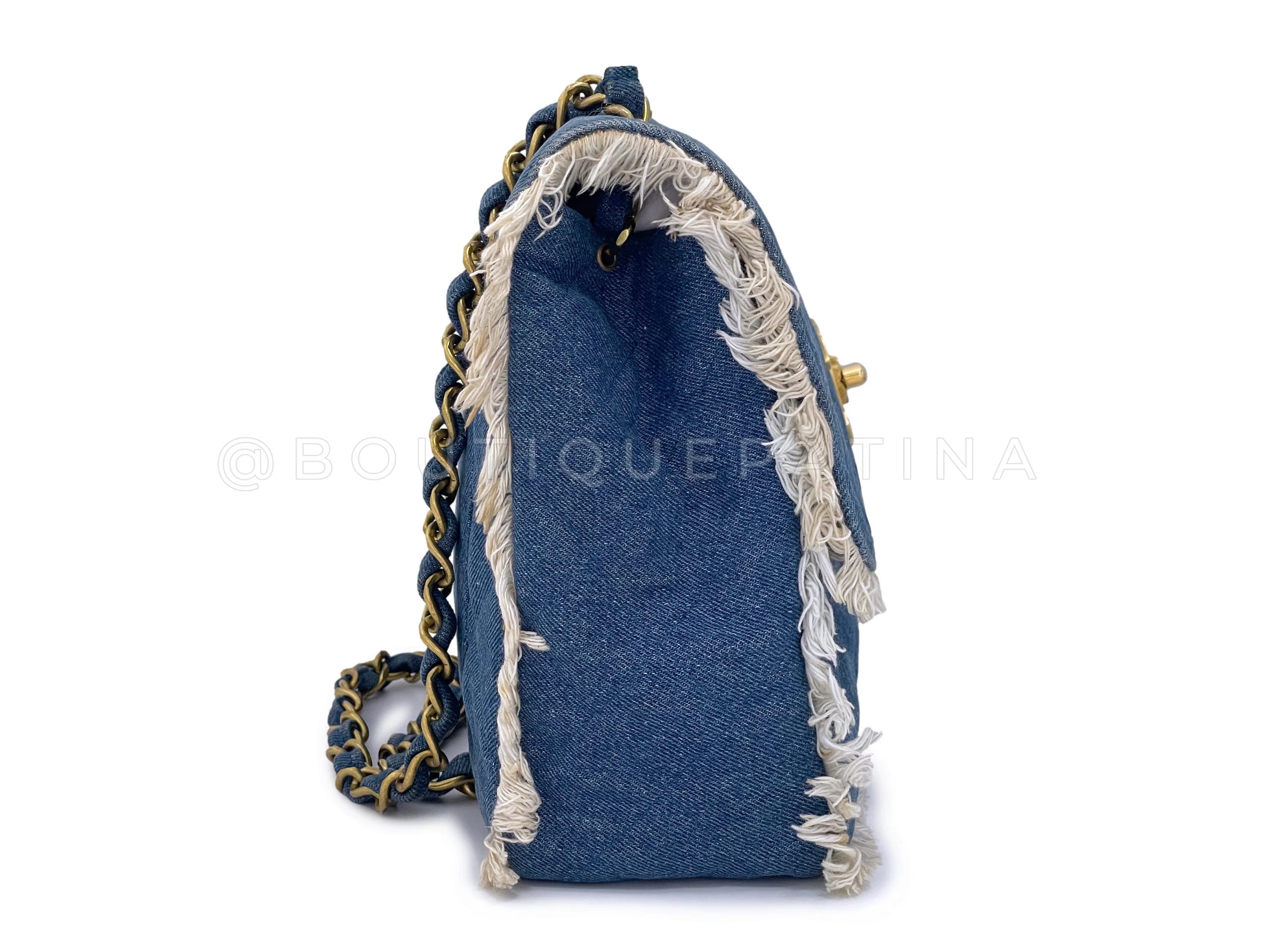 Rare Chanel 1994 Blue Denim Vintage Maxi Classic Crossbody Flap Bag 24k GHW - Image 4