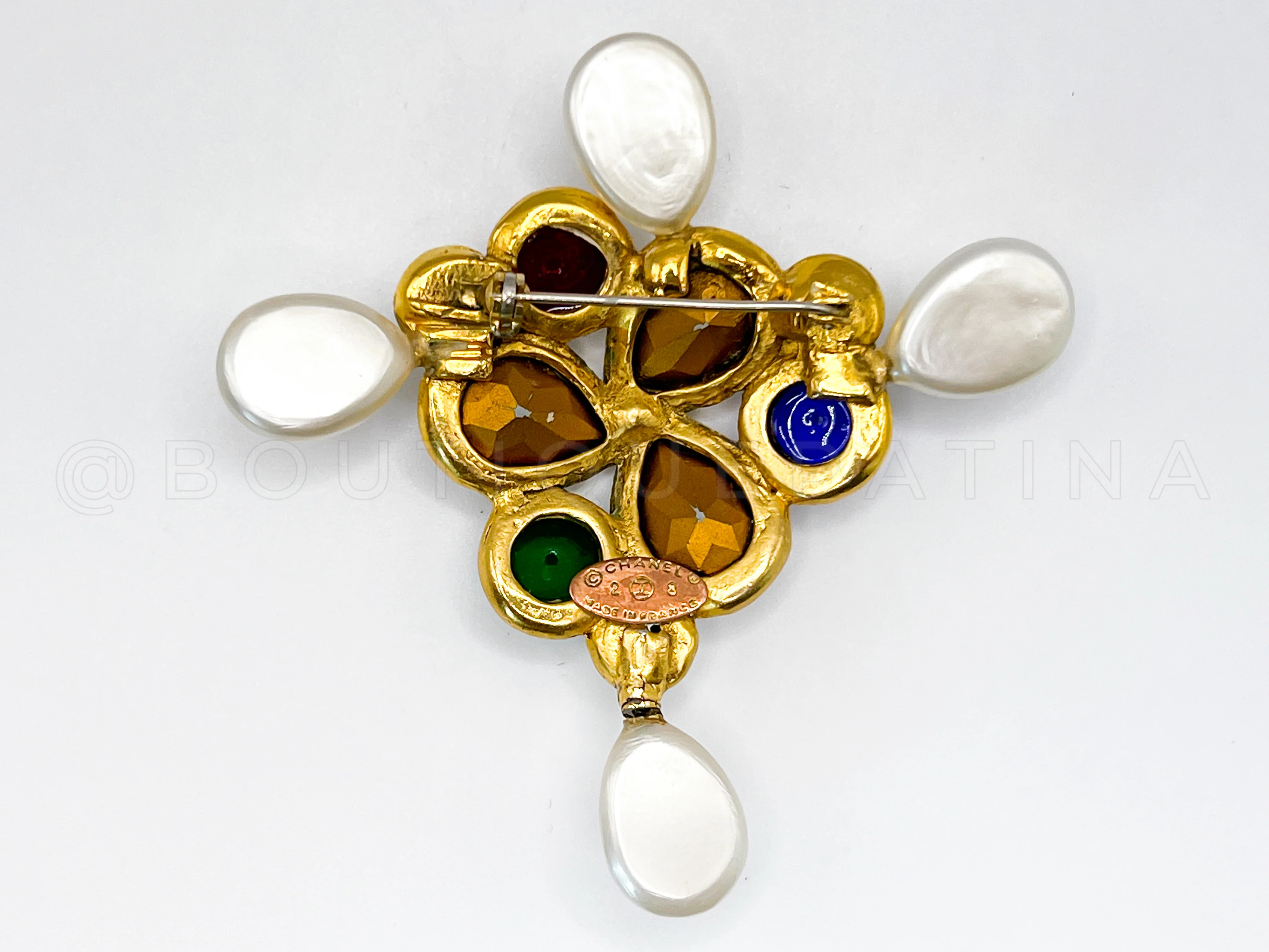 Chanel Gripoix Brooch Collection 28 Vintage Pearl and Crystal Cross - Image 2
