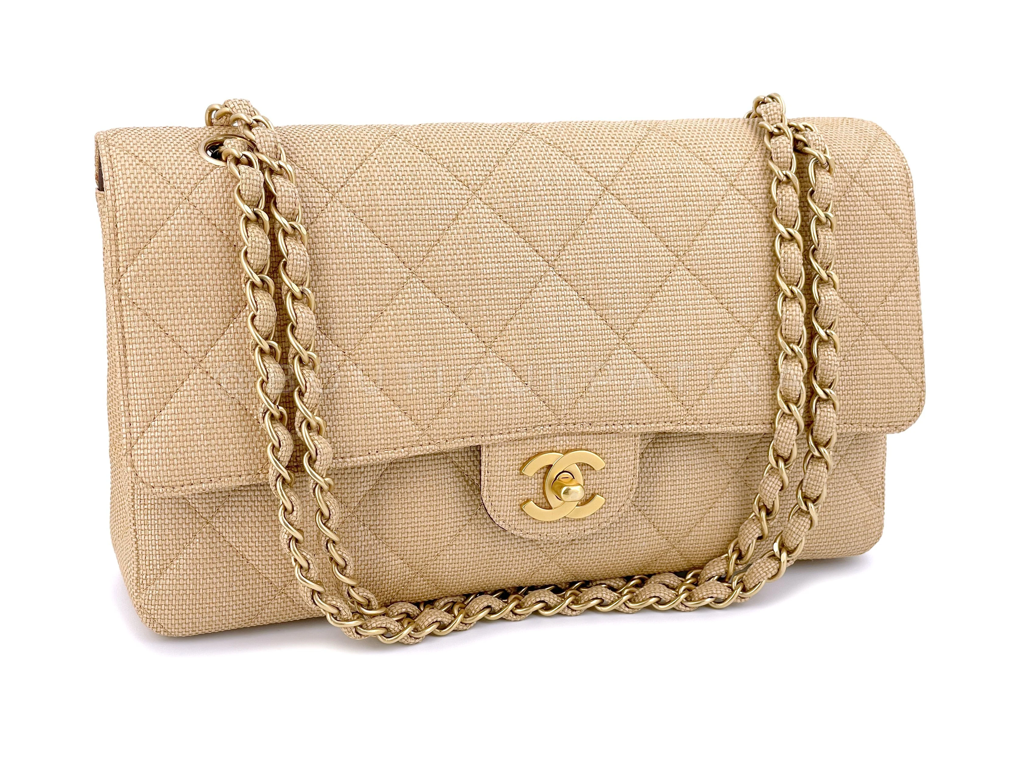 Rare Chanel 2003 Vintage Beige Raffia Medium Classic Double Flap Bag GHW - Image 2
