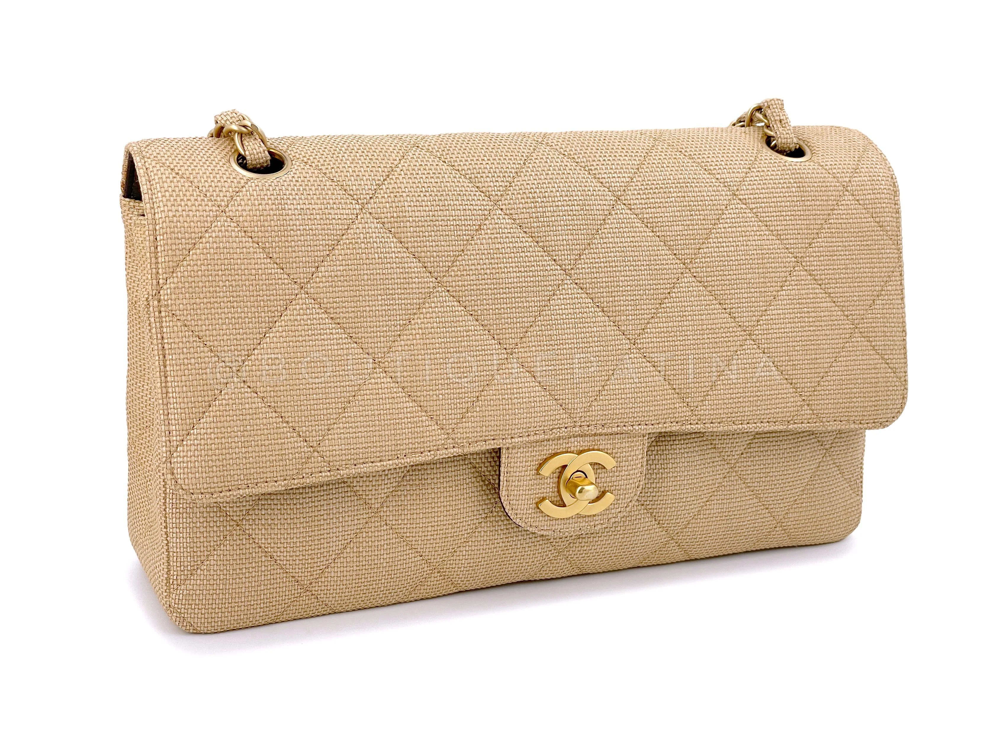 Rare Chanel 2003 Vintage Beige Raffia Medium Classic Double Flap Bag GHW - Image 3