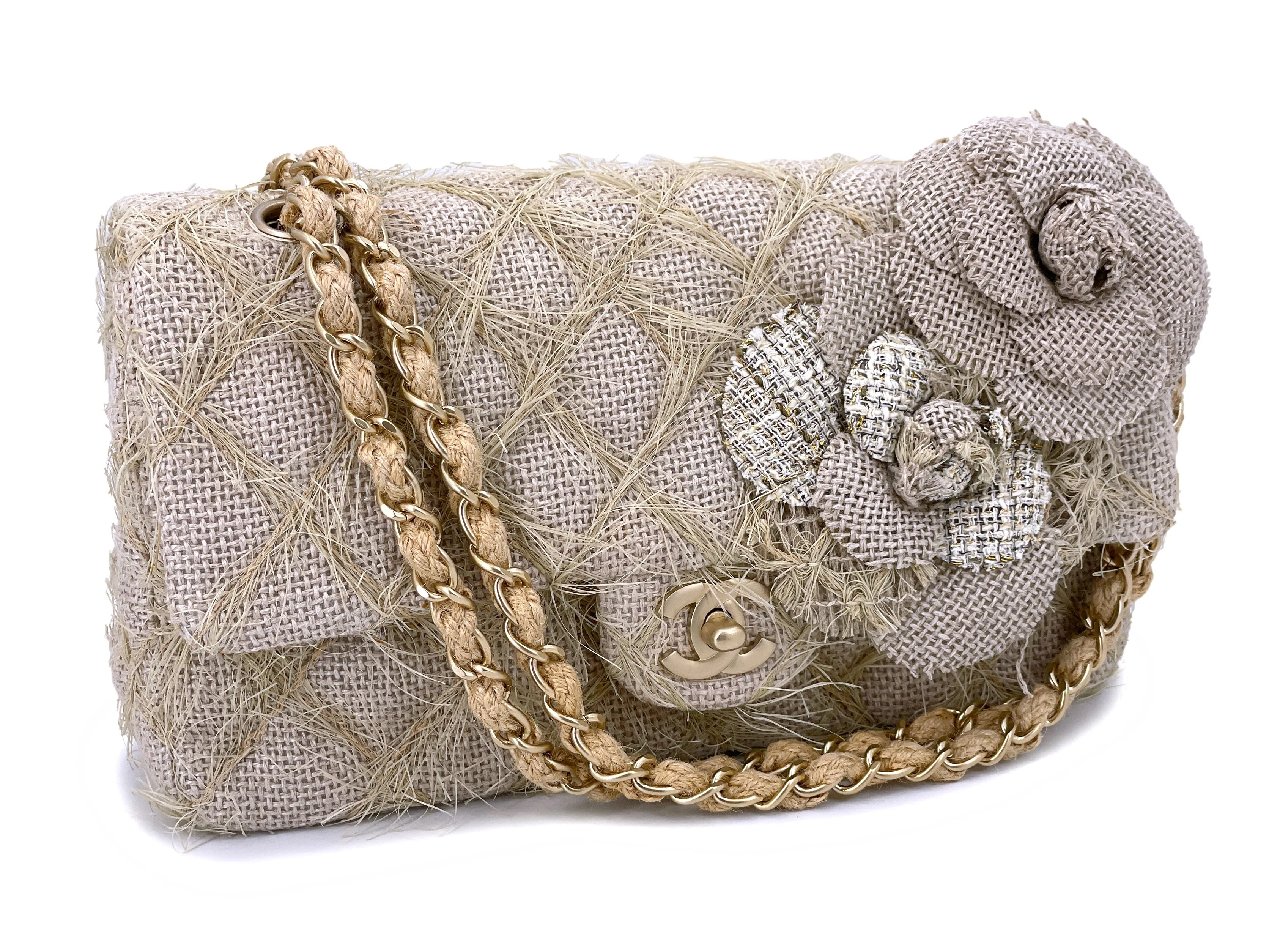 Chanel 2010 Taupe Beige Camellia Straw Raffia Classic Flap Bag GHW - Image 2