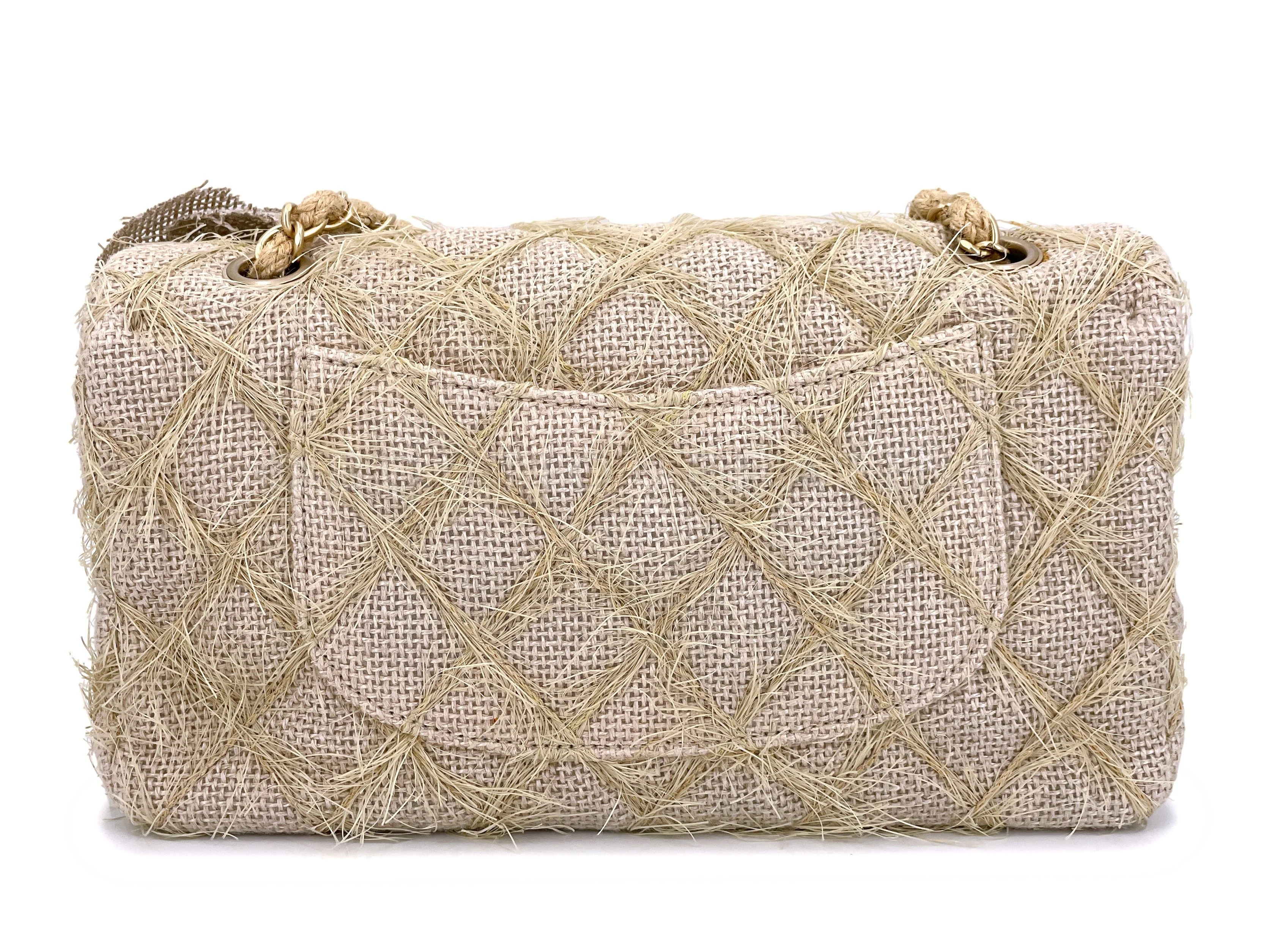 Chanel 2010 Taupe Beige Camellia Straw Raffia Classic Flap Bag GHW - Image 5
