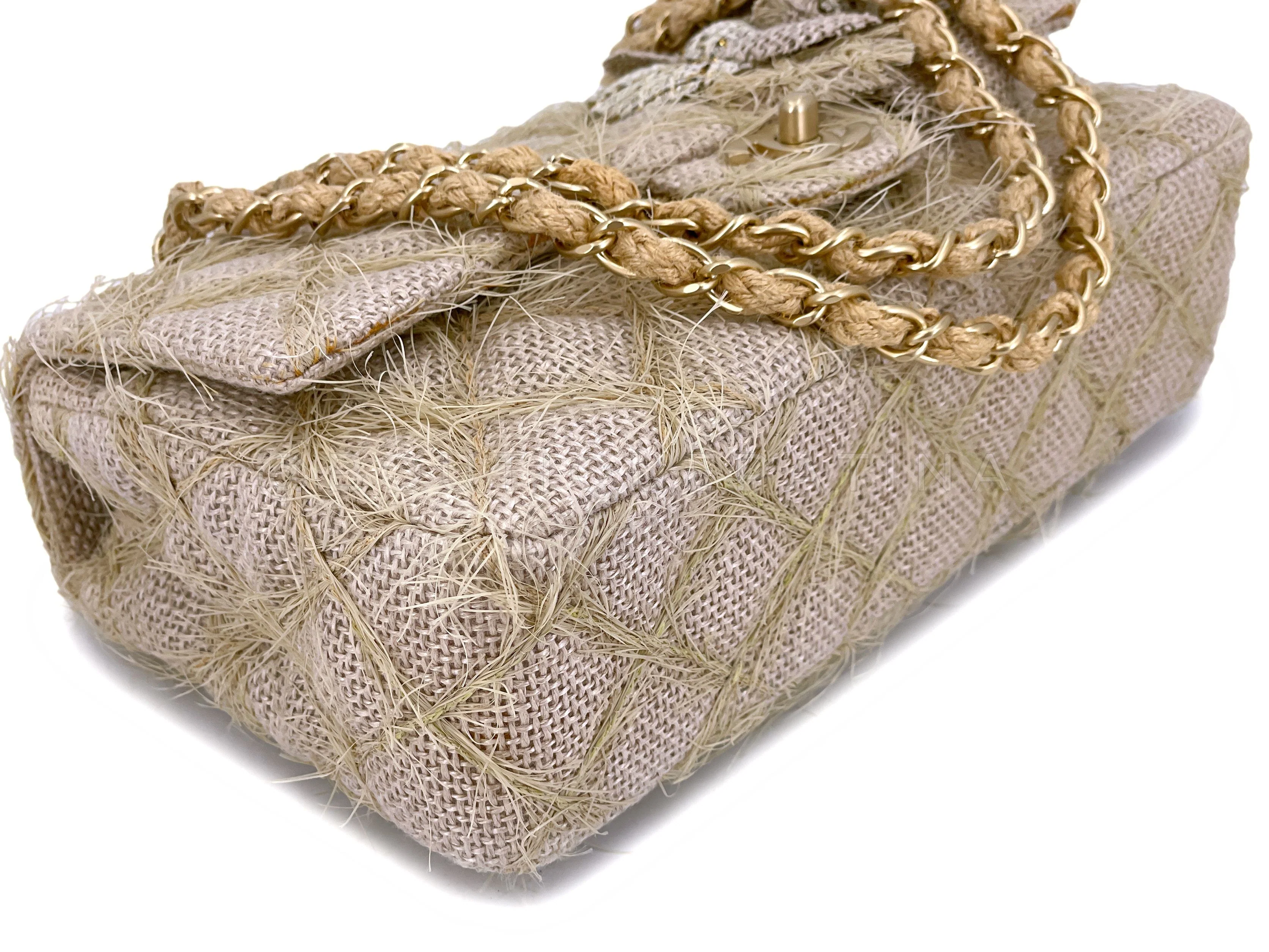Chanel 2010 Taupe Beige Camellia Straw Raffia Classic Flap Bag GHW - Image 7