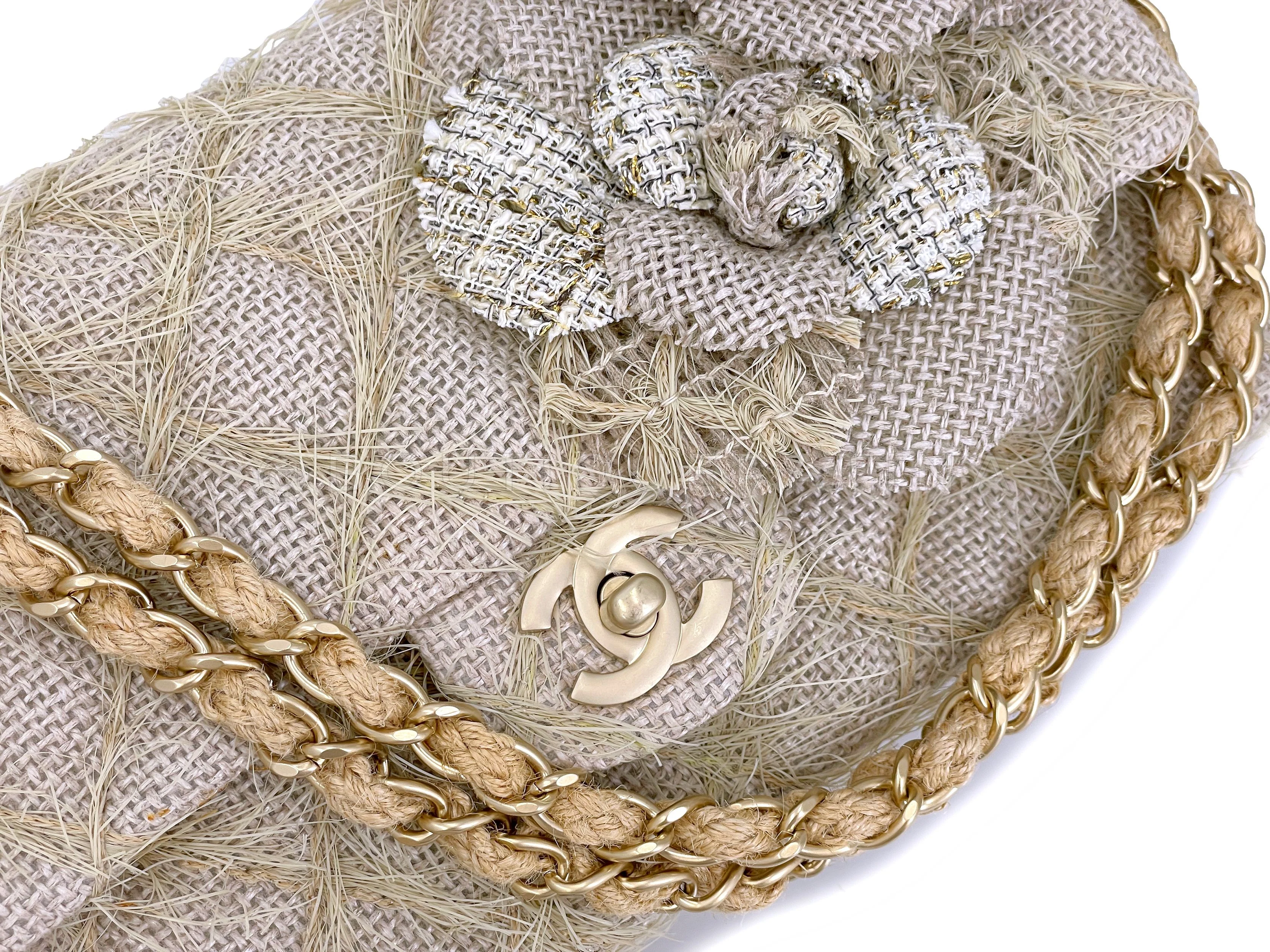 Chanel 2010 Taupe Beige Camellia Straw Raffia Classic Flap Bag GHW - Image 8