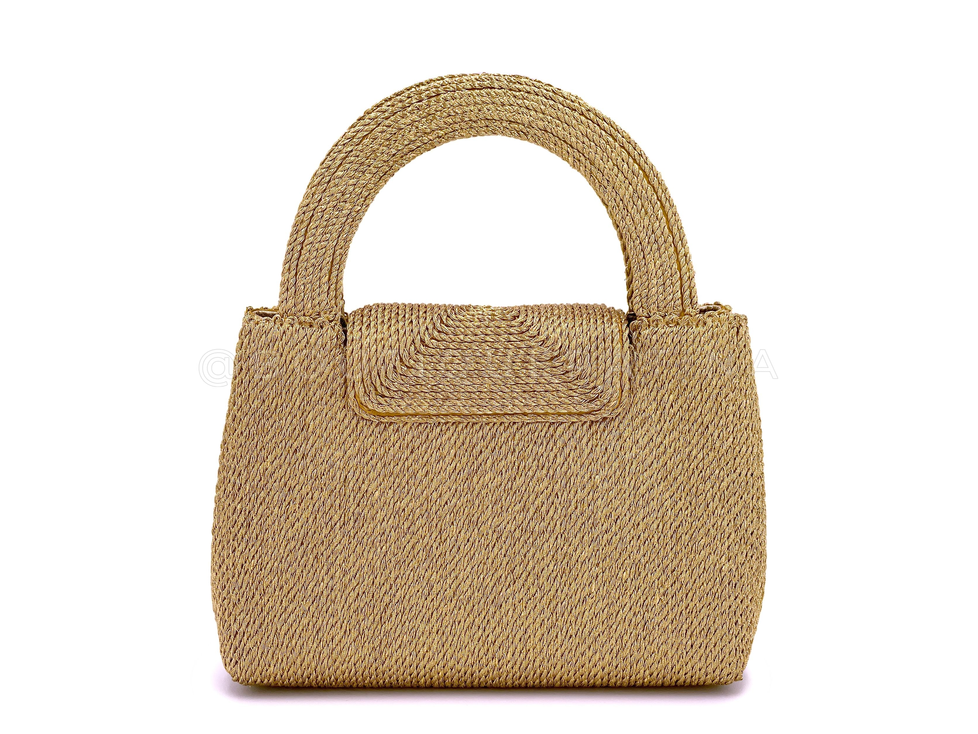 Chanel 1997 Vintage Gold Spun Raffia Micro Mini Kelly Evening Bag 24k GHW XRU - Image 4