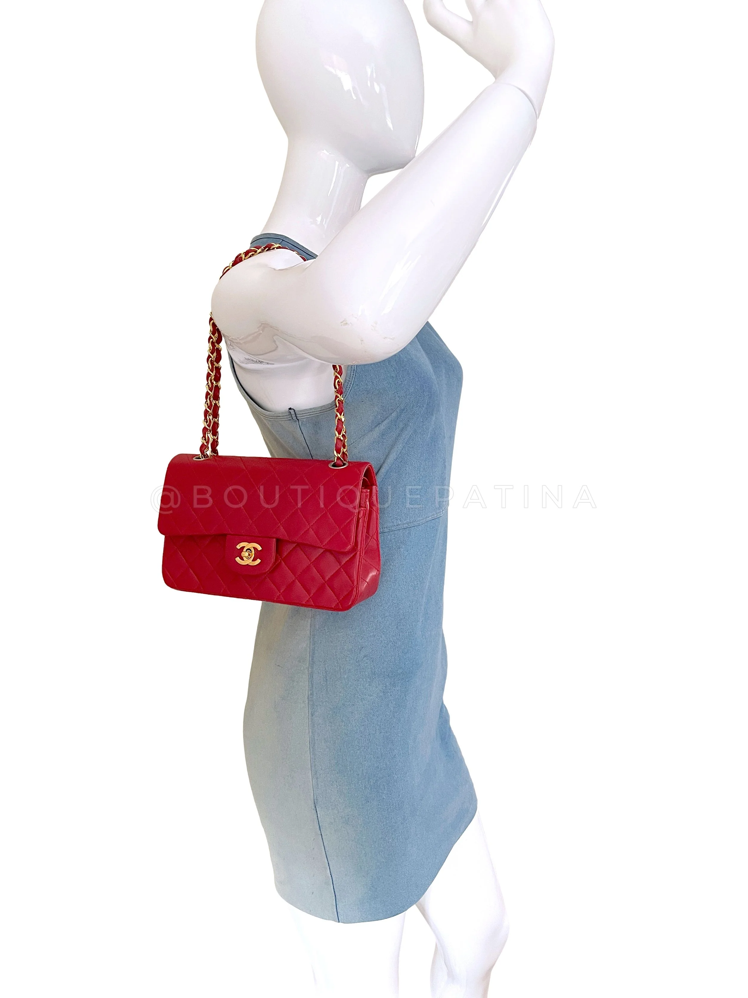 Chanel 1989 Vintage Red Small Classic Double Flap Bag 24k GHW Lambskin - Image 14