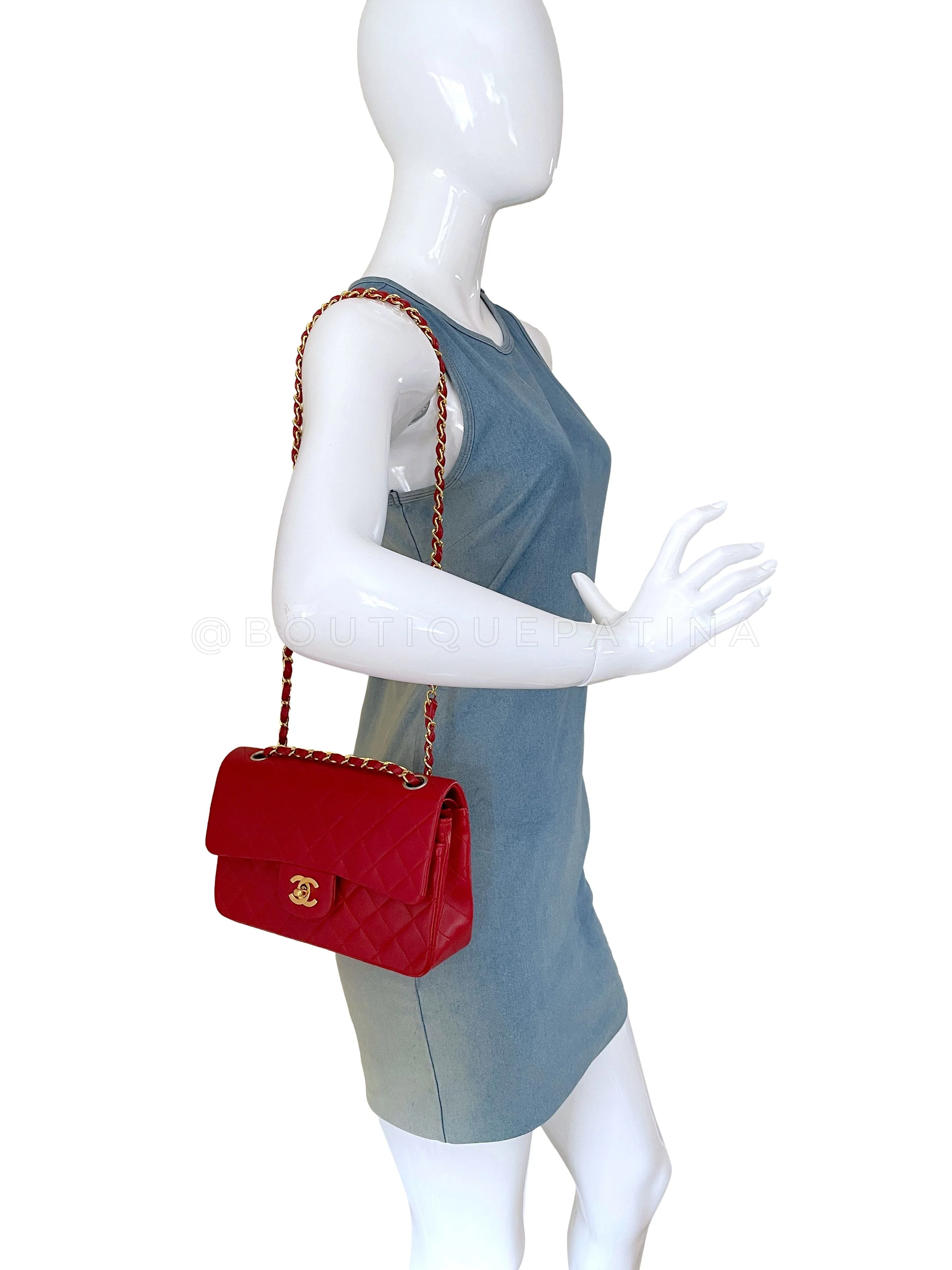 Chanel 1989 Vintage Red Small Classic Double Flap Bag 24k GHW Lambskin - Image 15