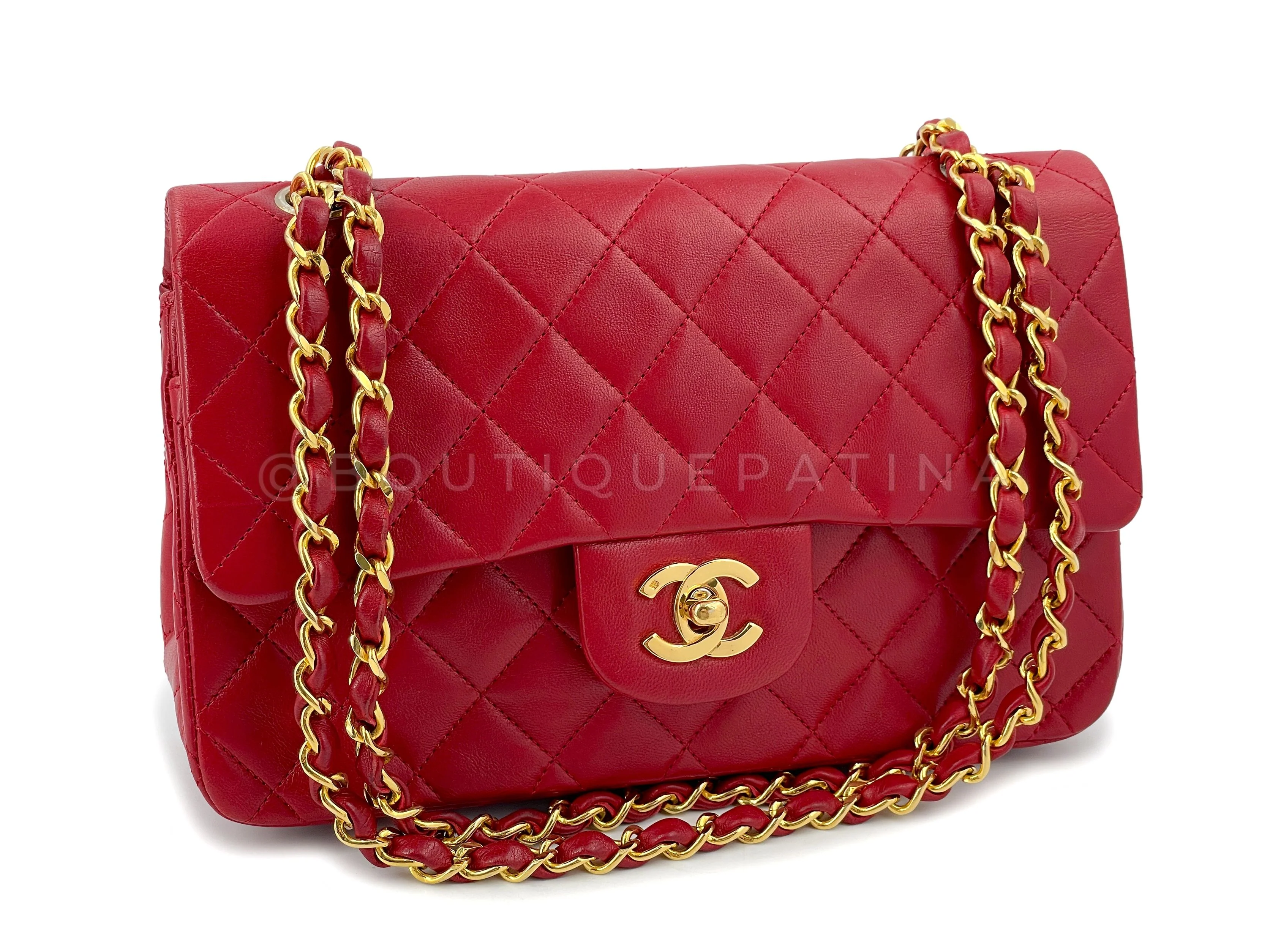 Chanel 1989 Vintage Red Small Classic Double Flap Bag 24k GHW Lambskin - Image 2
