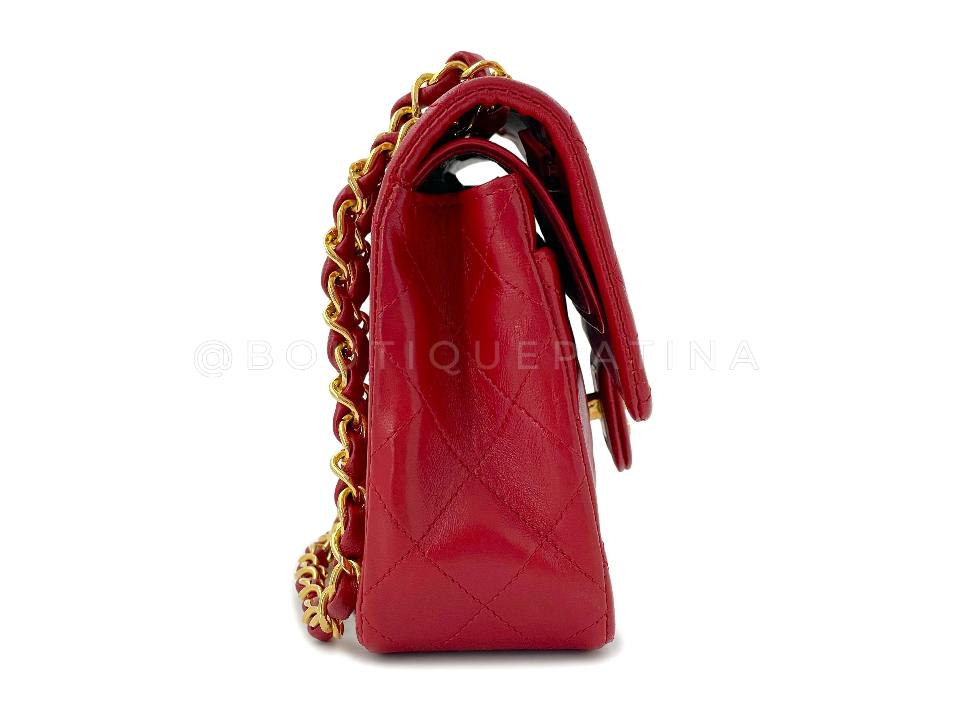 Chanel 1989 Vintage Red Small Classic Double Flap Bag 24k GHW Lambskin - Image 4