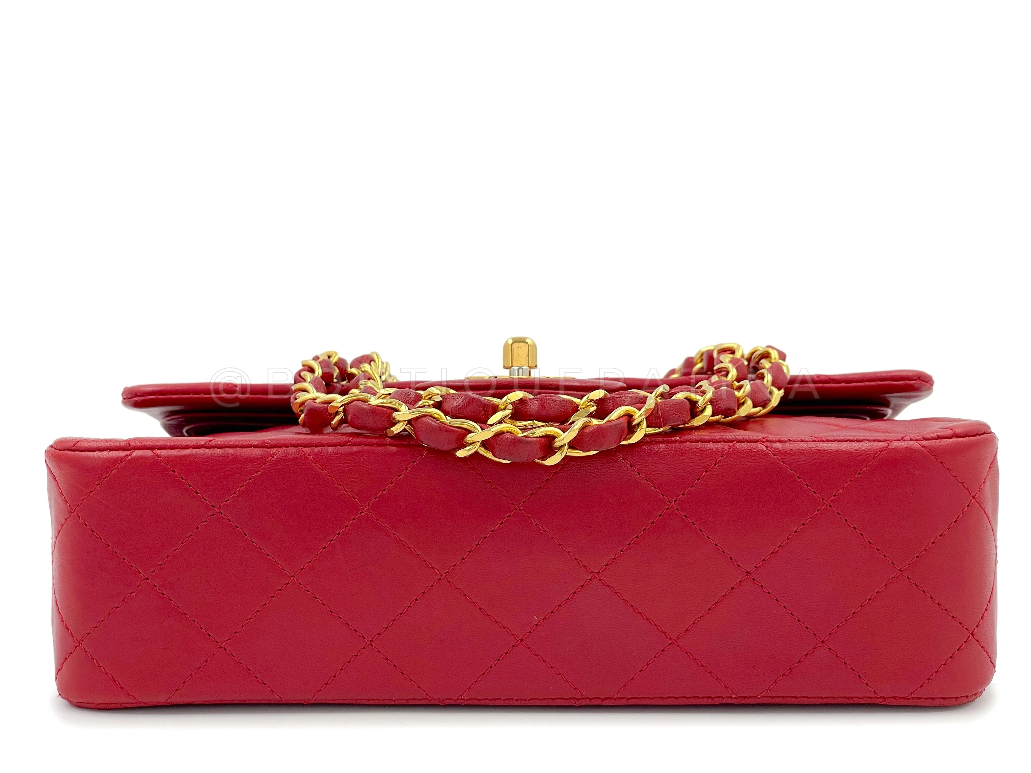 Chanel 1989 Vintage Red Small Classic Double Flap Bag 24k GHW Lambskin - Image 6