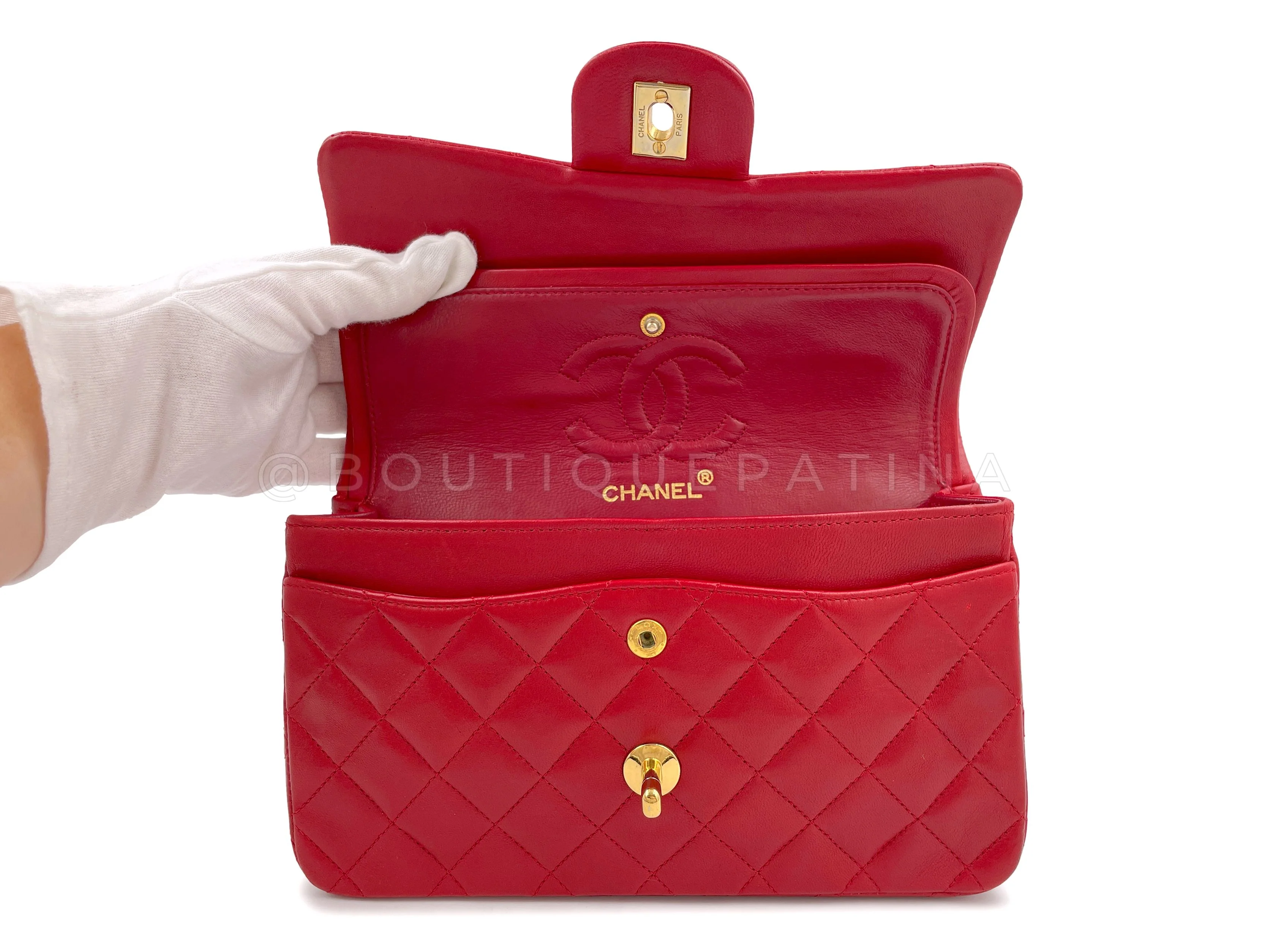 Chanel 1989 Vintage Red Small Classic Double Flap Bag 24k GHW Lambskin - Image 9
