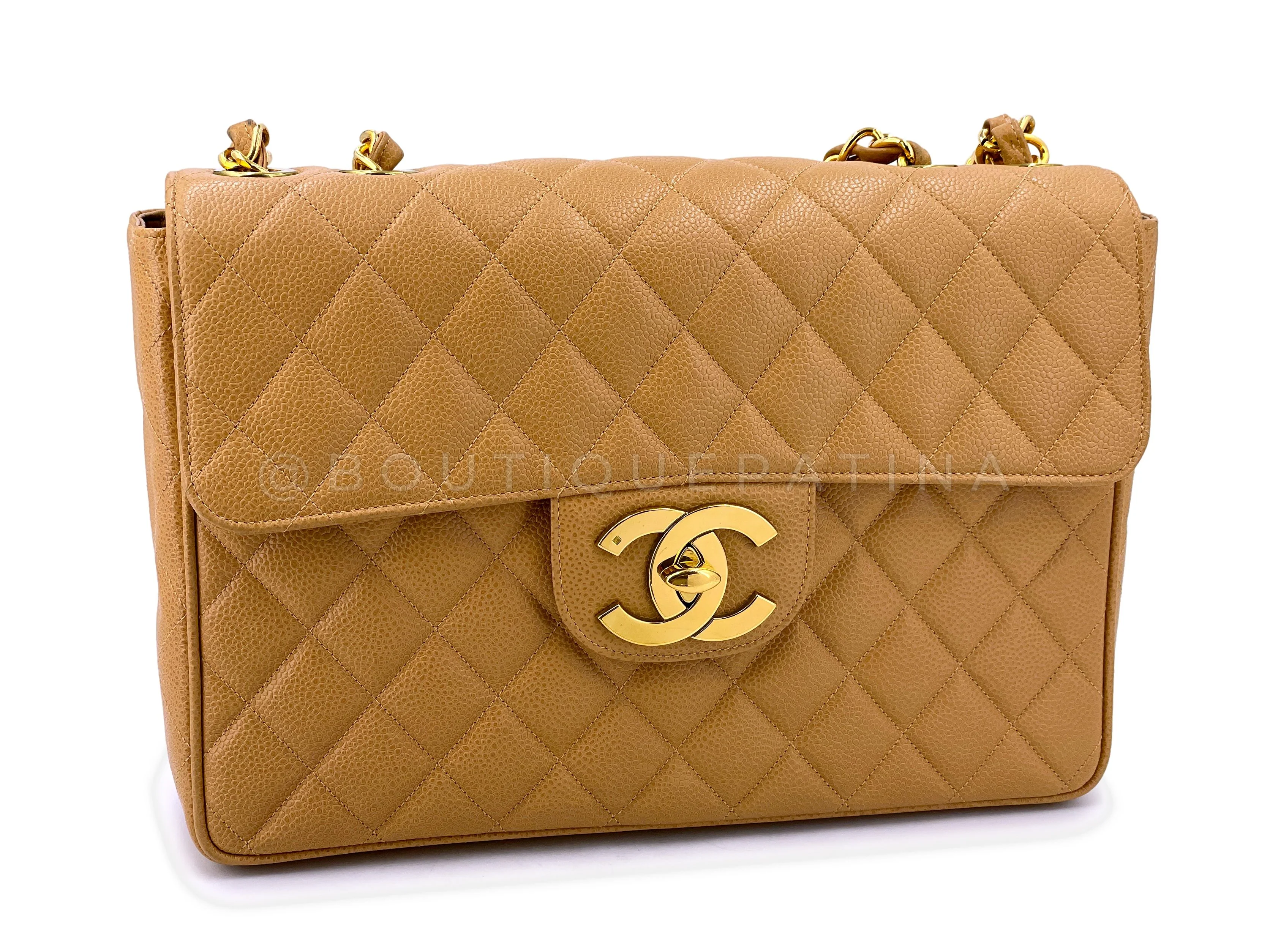 Chanel 1994 Vintage Caramel Beige Caviar Jumbo Classic Flap Bag 24k GHW - Image 2