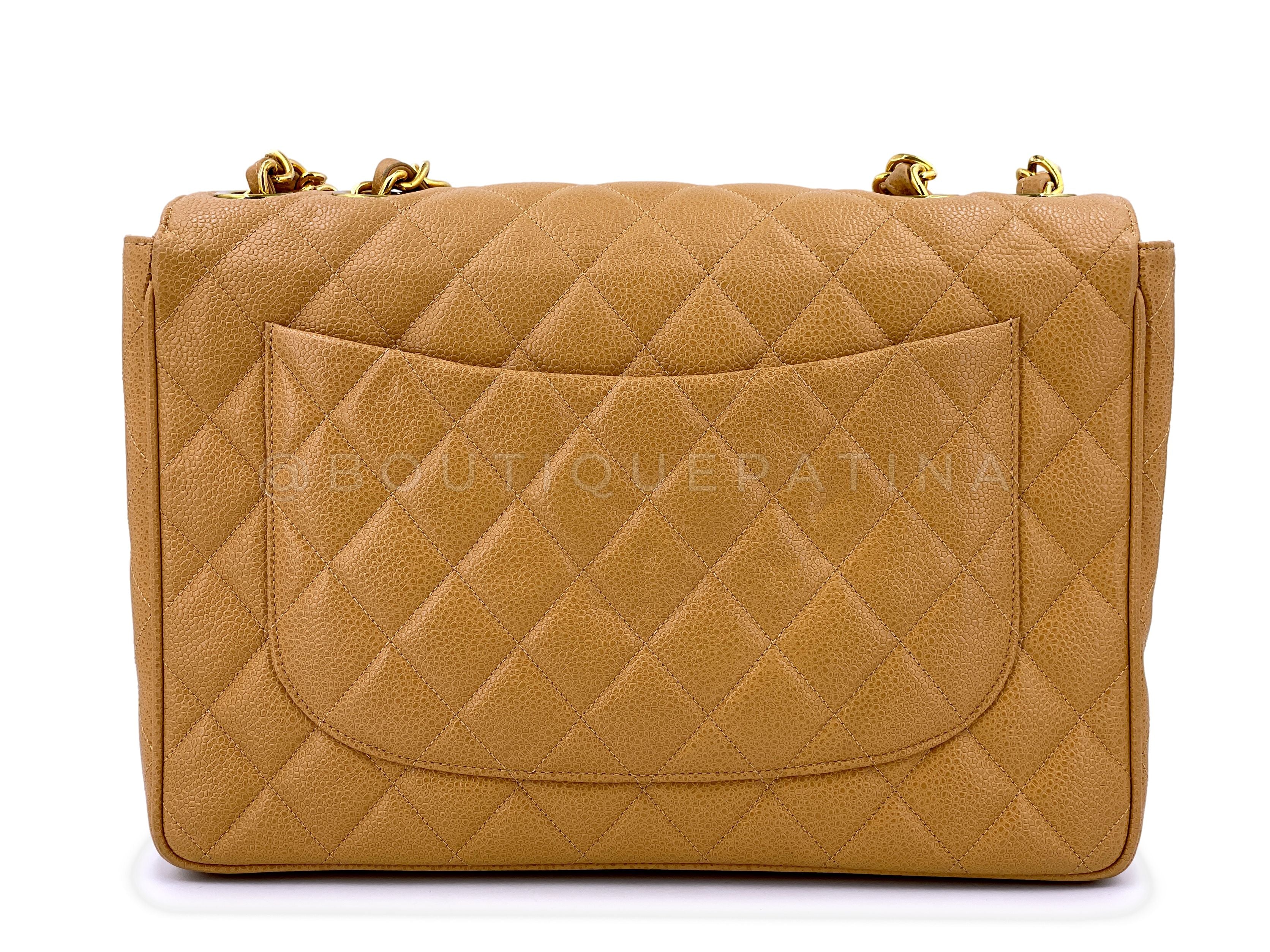 Chanel 1994 Vintage Caramel Beige Caviar Jumbo Classic Flap Bag 24k GHW - Image 4