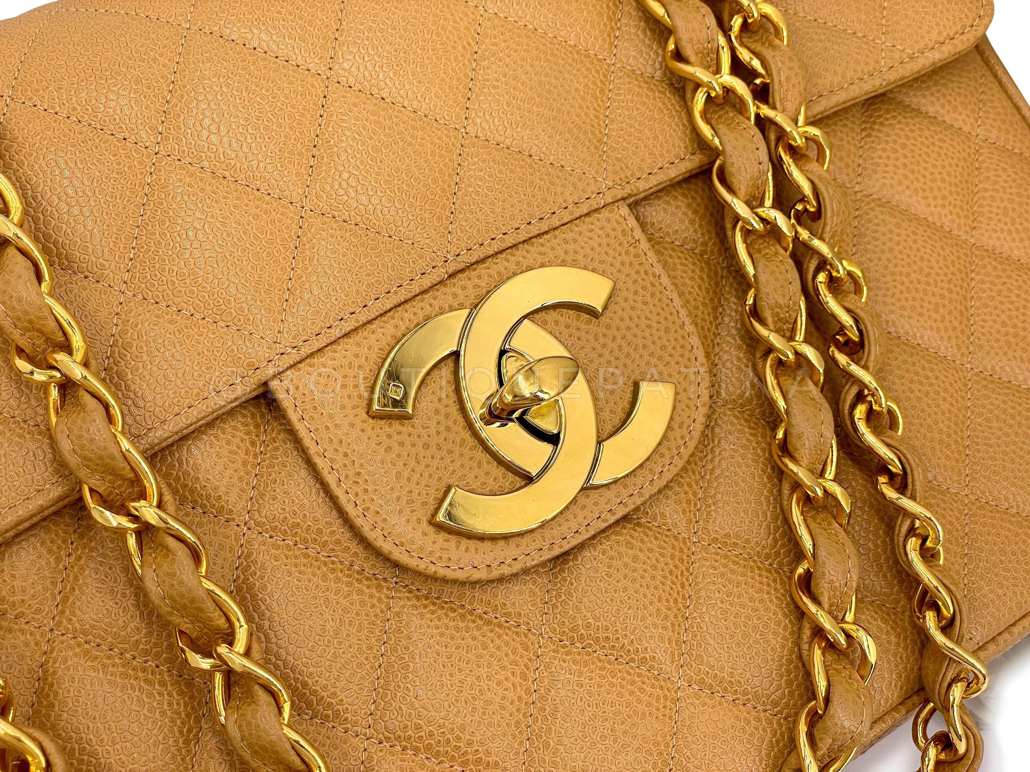 Chanel 1994 Vintage Caramel Beige Caviar Jumbo Classic Flap Bag 24k GHW - Image 7