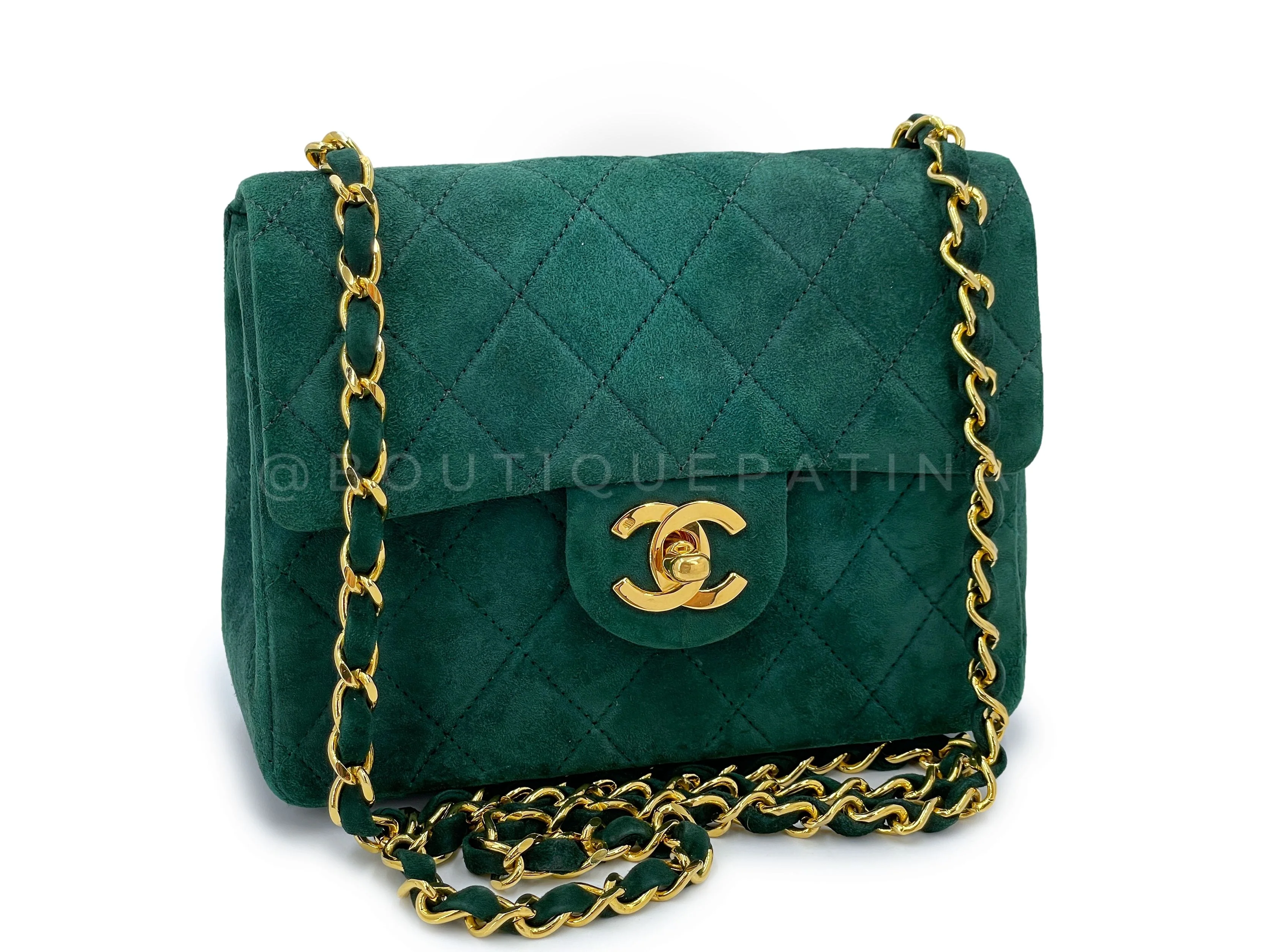 Chanel 1989 Vintage Emerald Green Suede Square Mini Flap Bag 24k GHW - Image 2