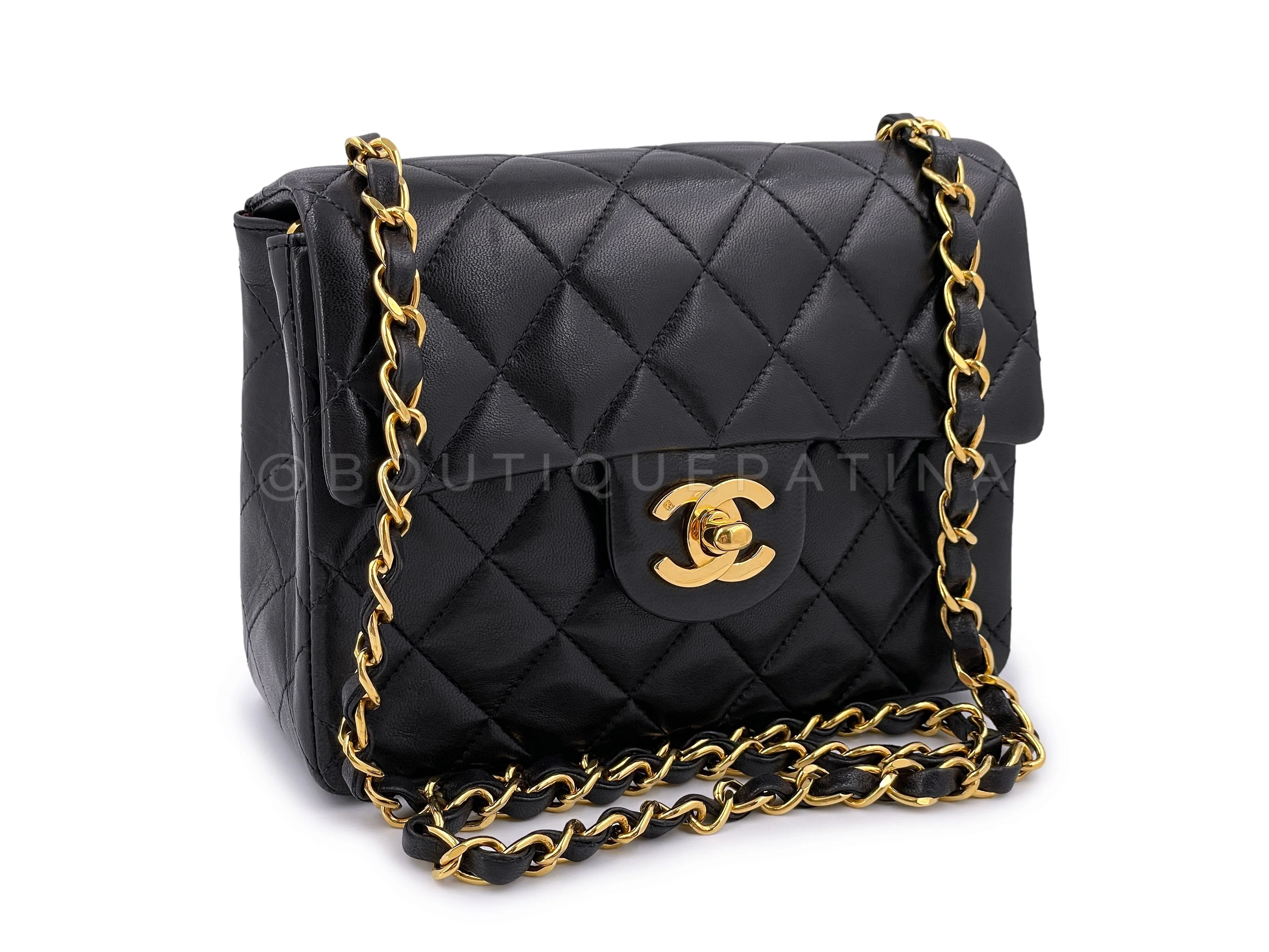 Pristine Chanel 1993 Vintage Black Square Mini Flap Bag 24k GHW Lambskin - Image 2