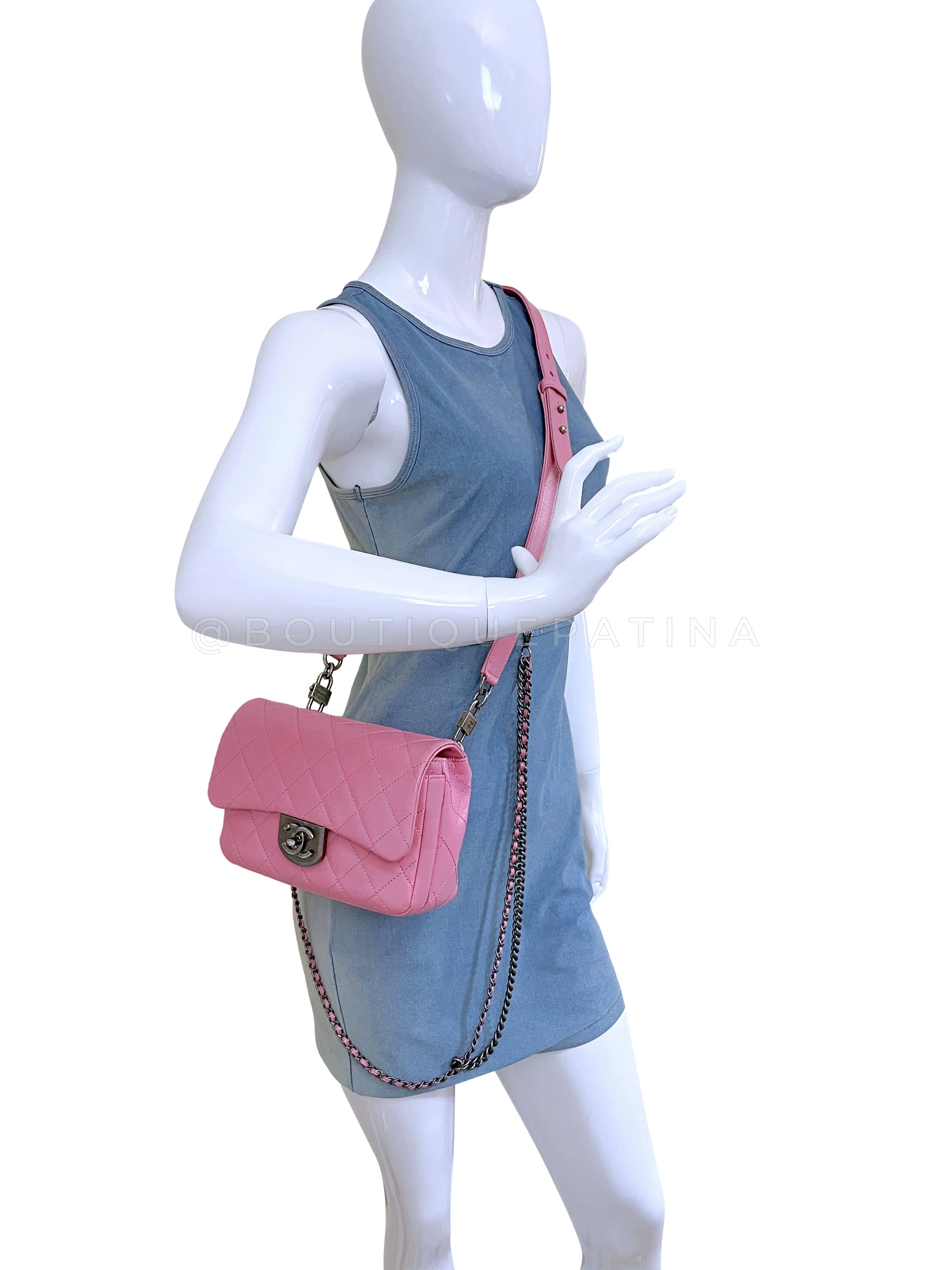 Chanel 2015 Pink Goatskin Double Carry Multichain Quilted Medium Flap Bag RHW - Image 15