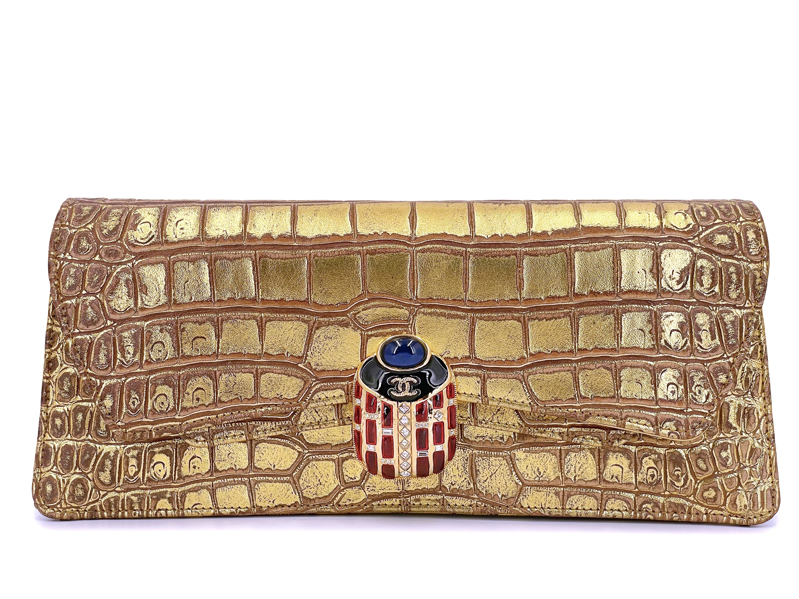 Rare Chanel 19A Crocodile Embossed Gold Jeweled Scarab Clutch Bag TI9