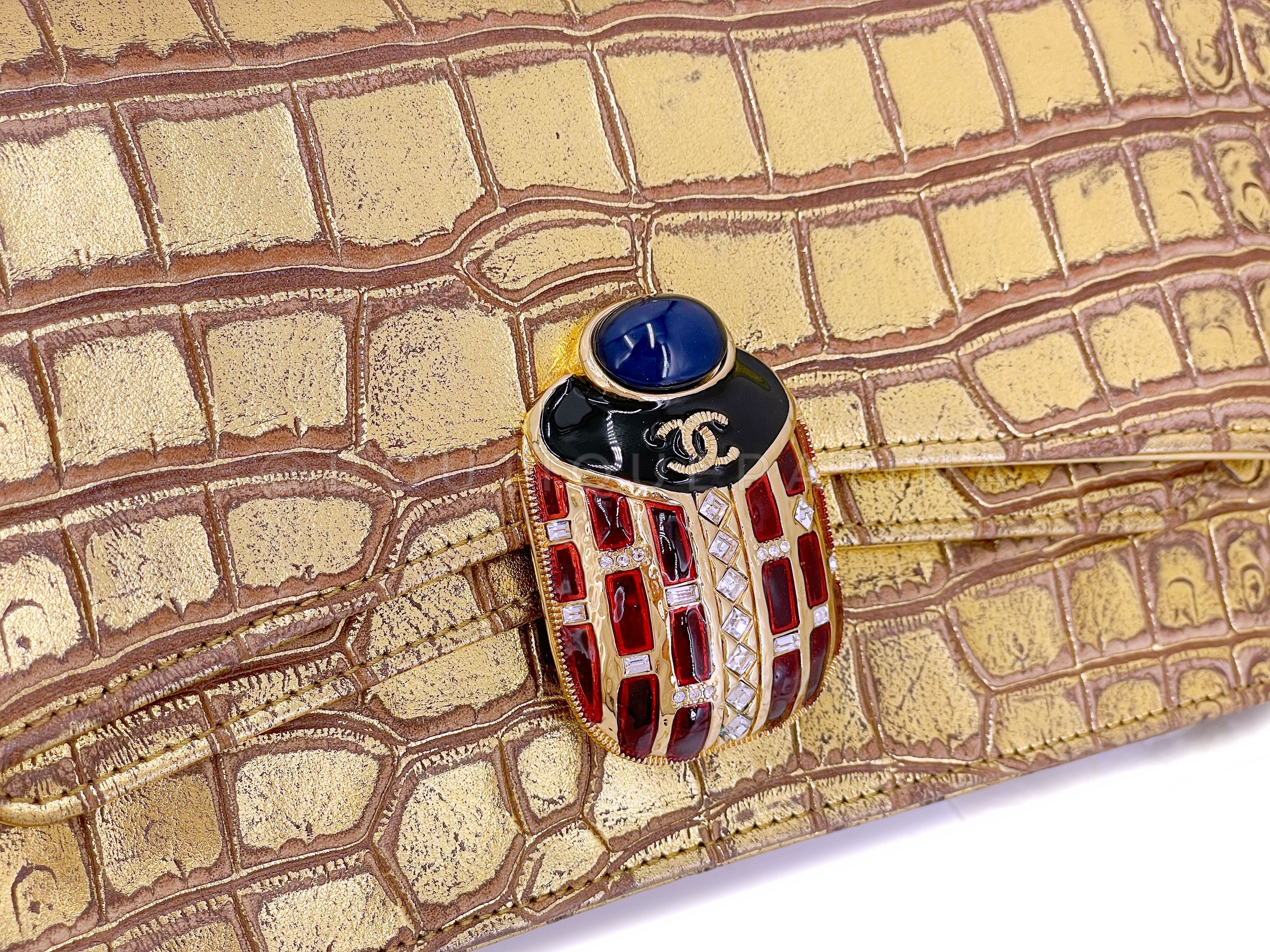 Rare Chanel 19A Crocodile Embossed Gold Jeweled Scarab Clutch Bag TI9 - Image 8