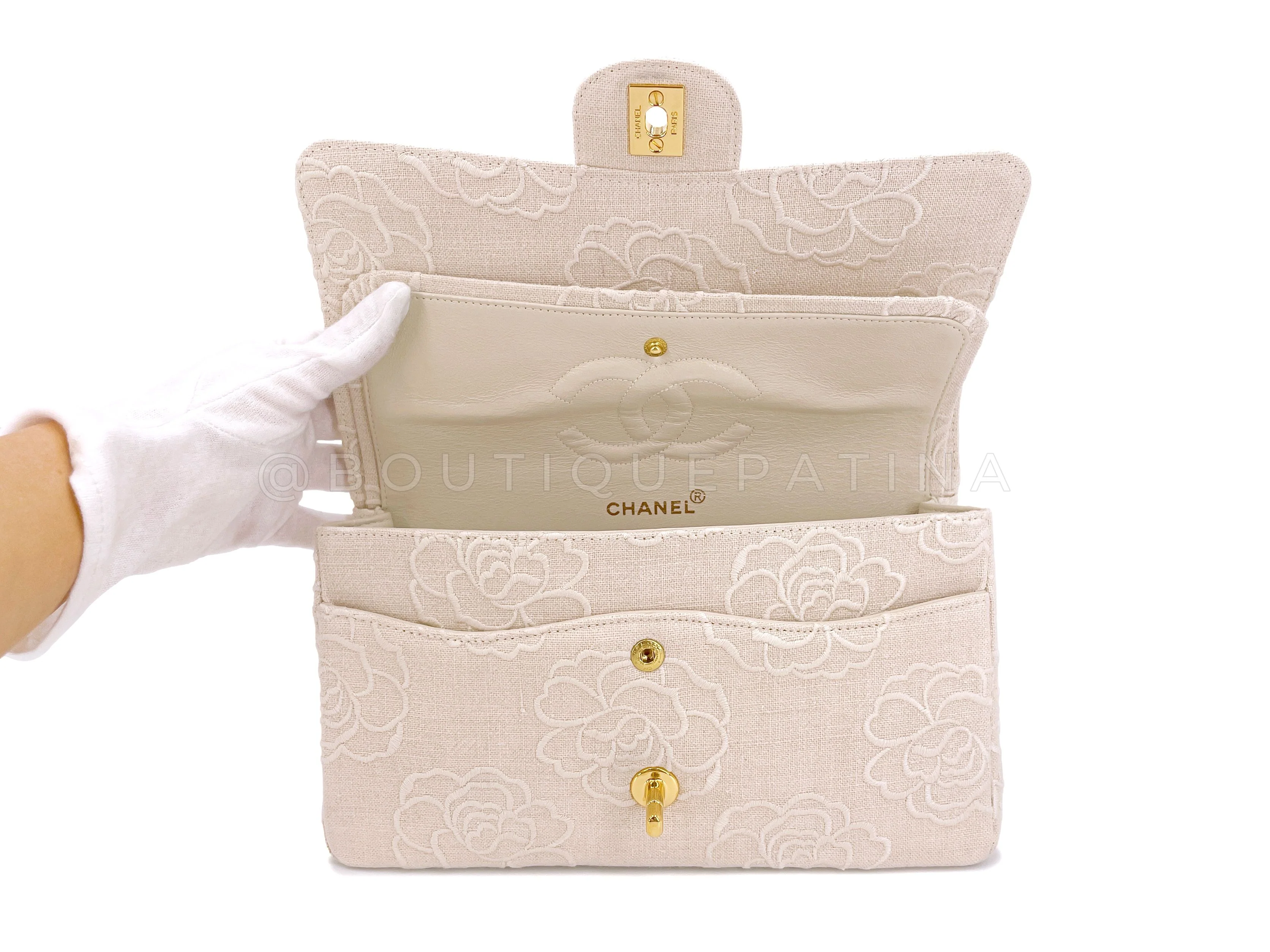 Chanel 1997 Cream White Linen Camellia Medium Double Flap Bag 24k GHW ZU3 - Image 9