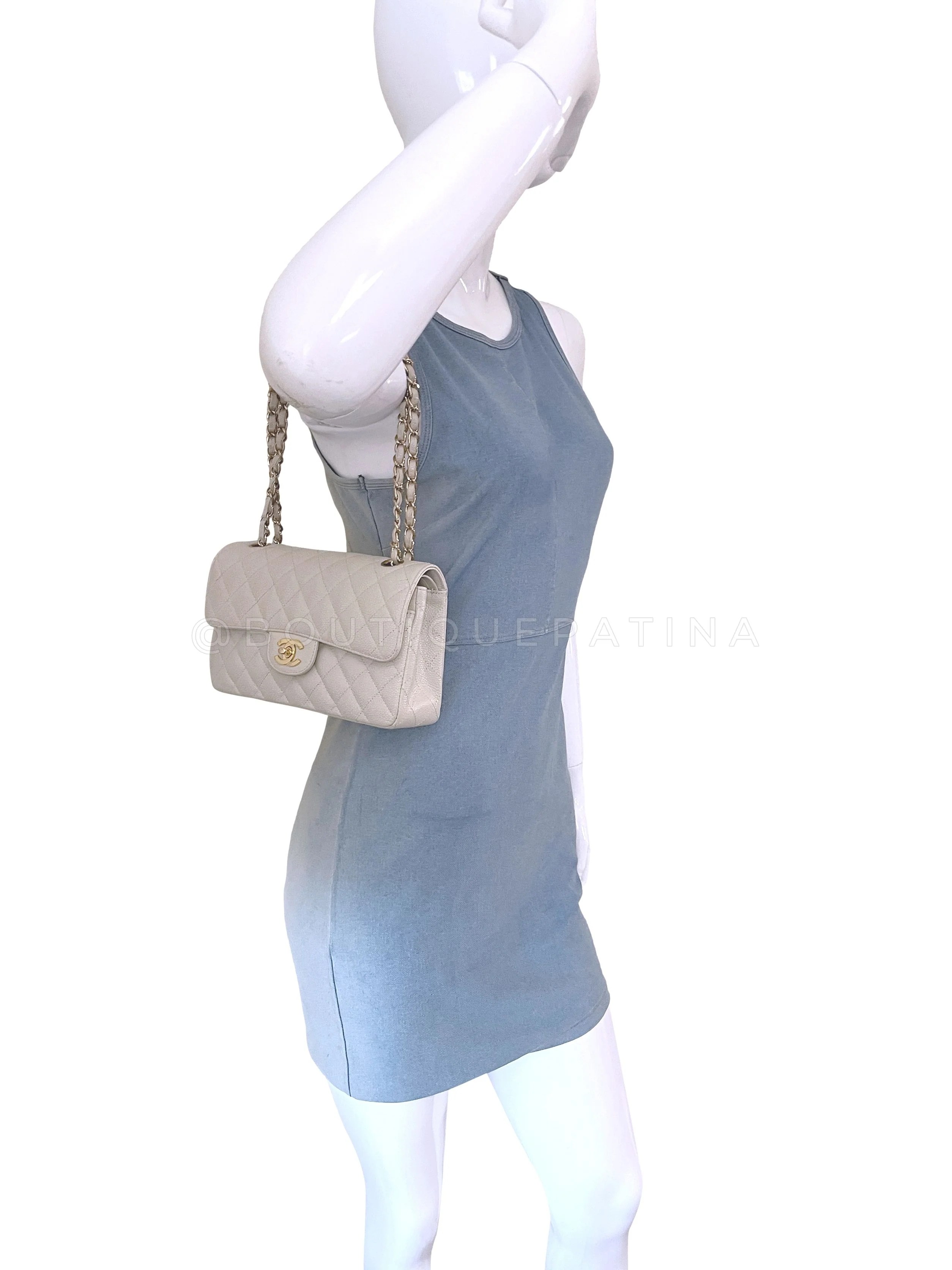 Chanel 2005 Light Gray-Beige Caviar Small Classic Double Flap Bag 24k GHW - Image 14
