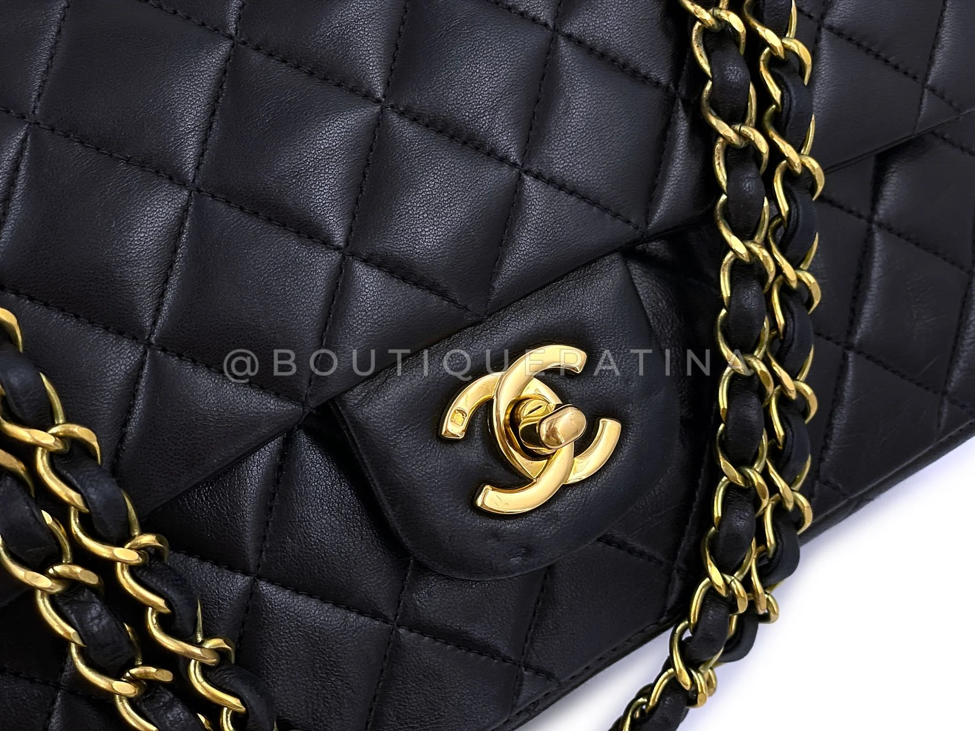 Chanel 1994 Vintage Black Medium Classic Double Flap Bag 24k GHW Lambskin 0O3 - Image 8