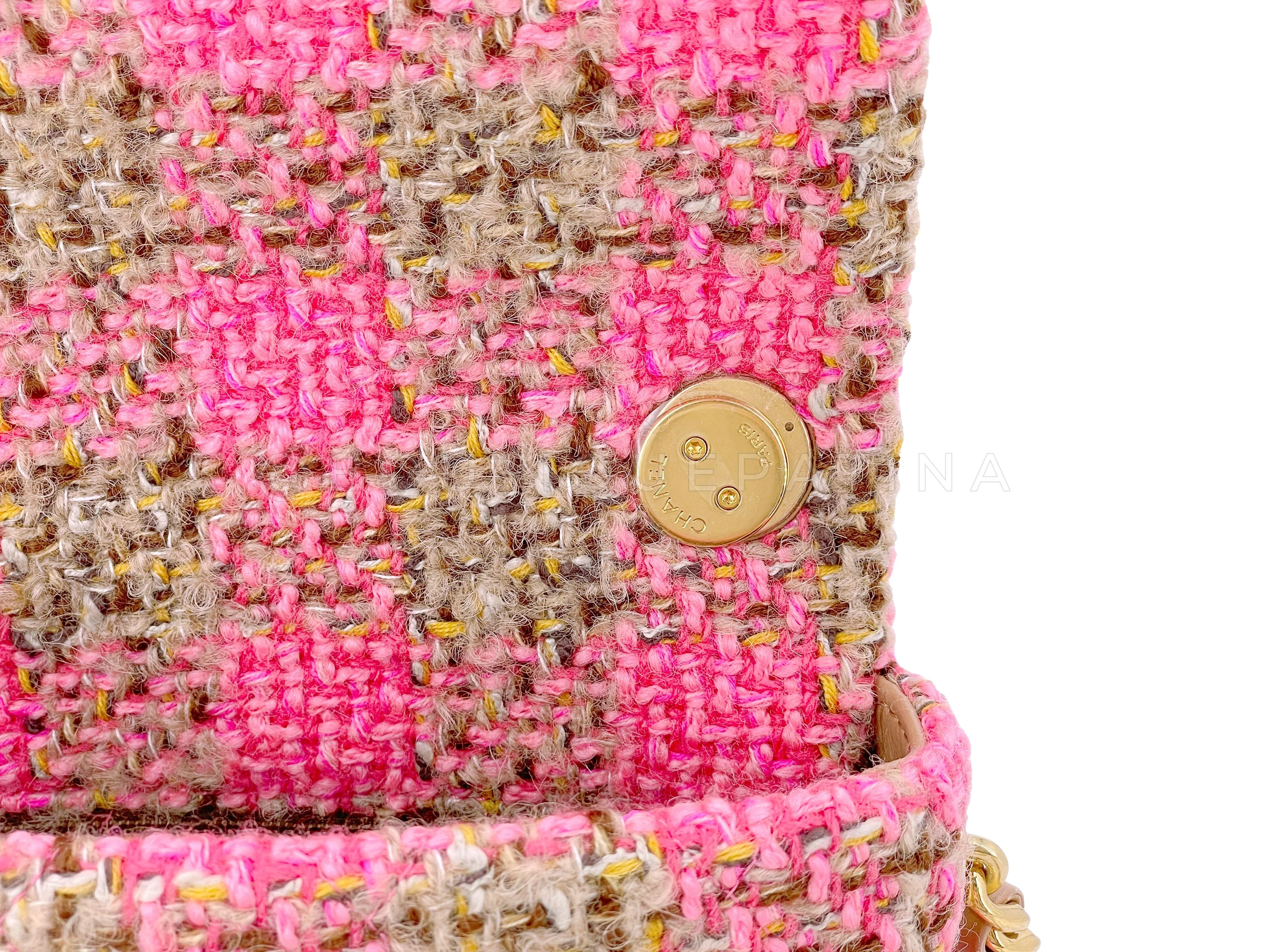 Chanel 2022 Fuchsia Pink Beige Quilted Tweed CC Chain Small Flap Bag - Image 12