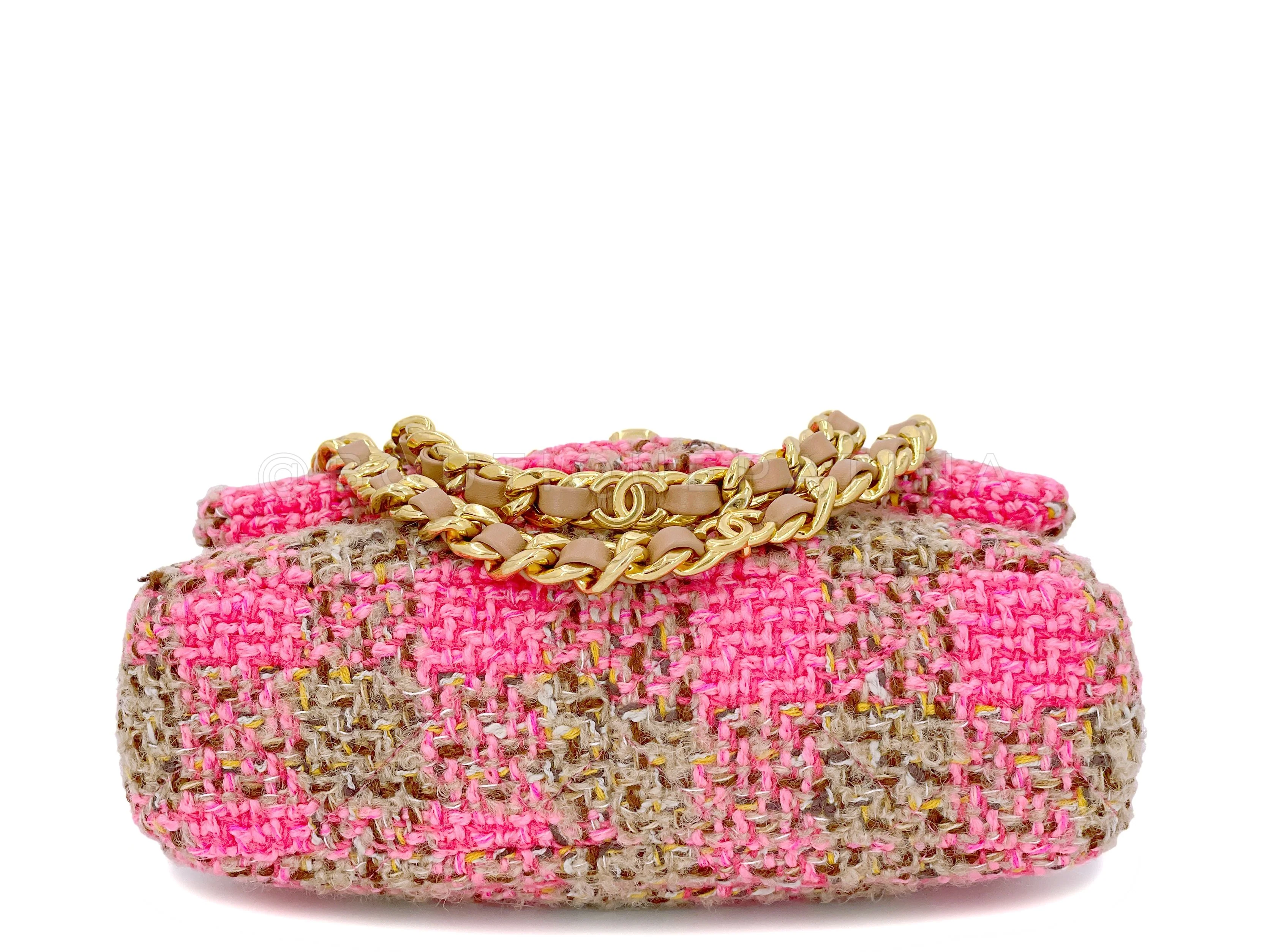 Chanel 2022 Fuchsia Pink Beige Quilted Tweed CC Chain Small Flap Bag - Image 6