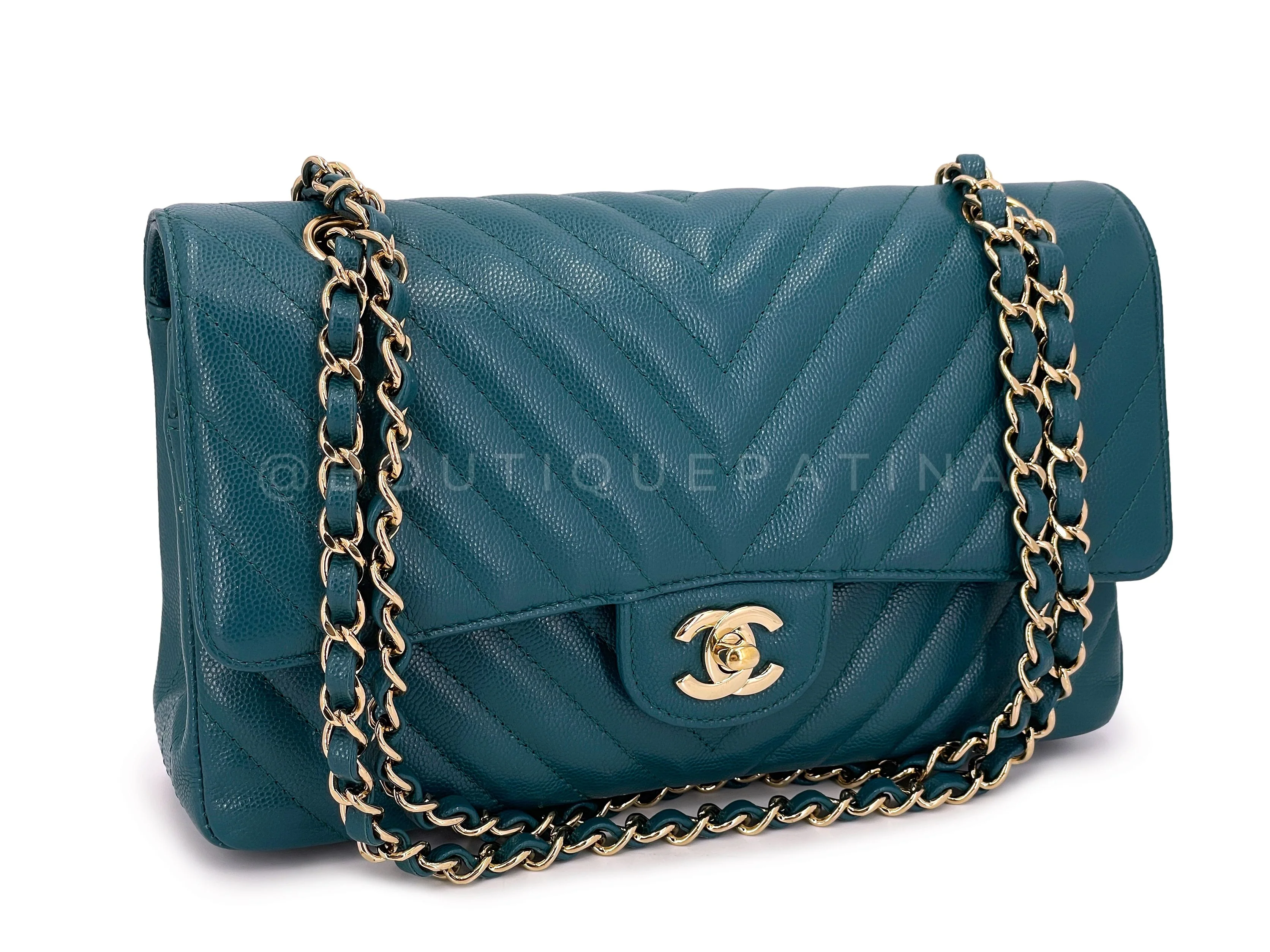 Chanel Teal Green Chevron Caviar Medium Classic Double Flap Bag GHW - Image 2