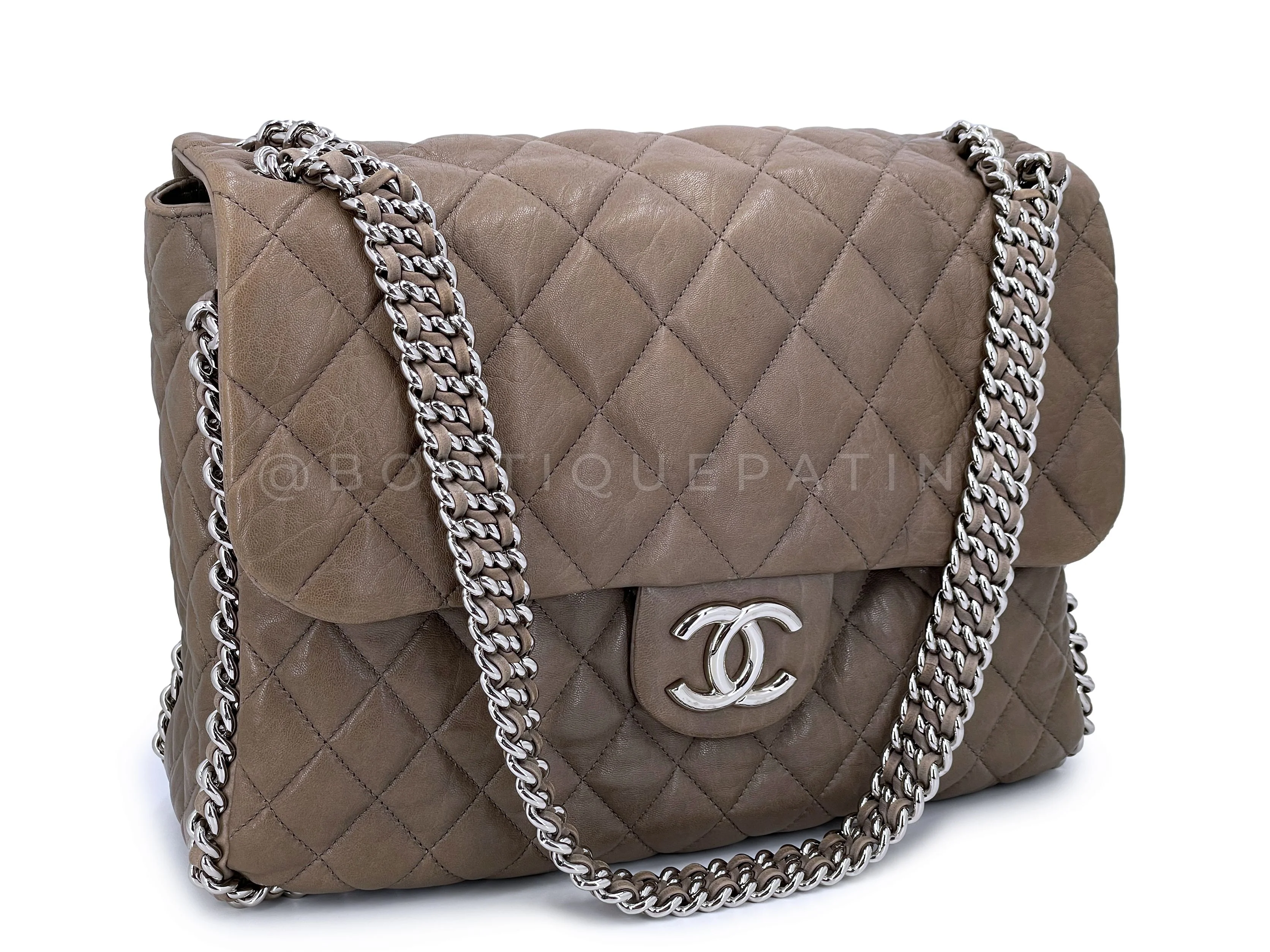 Chanel 2010 Taupe Textured Calf Chain Around Maxi Flap Bag SHW - Image 2